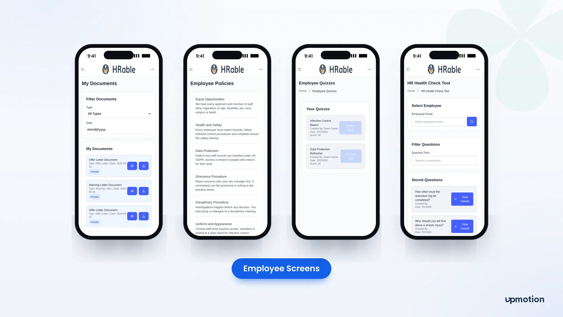 HRable employee mobile screens for documents, policies, quizzes and HR health check
