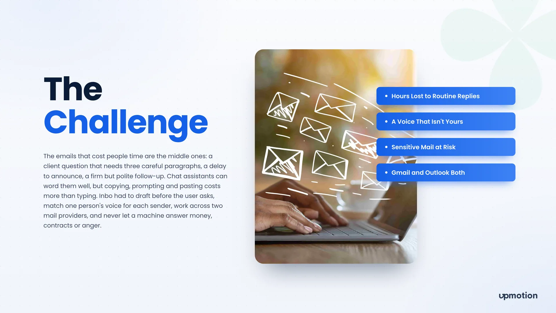 Inbo challenge slide showing hands typing on a laptop with envelopes flying out