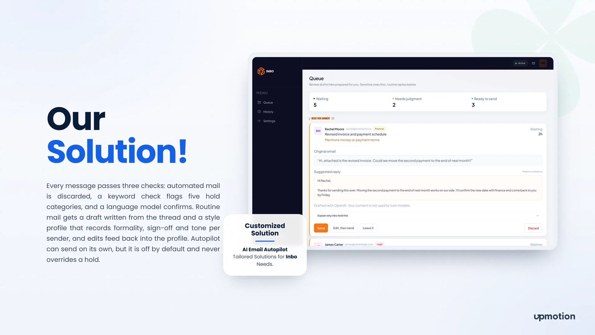 Inbo review queue holding a financial email with a suggested reply and send options
