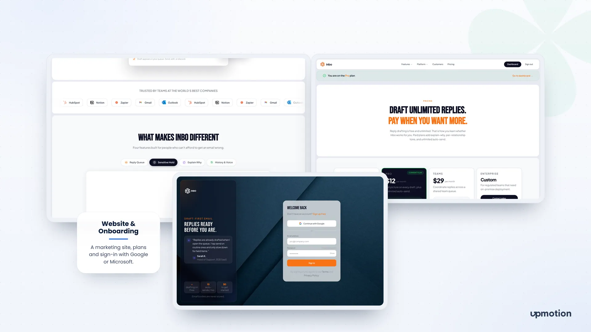 Inbo marketing site features, pricing plans and Google sign-in onboarding screen