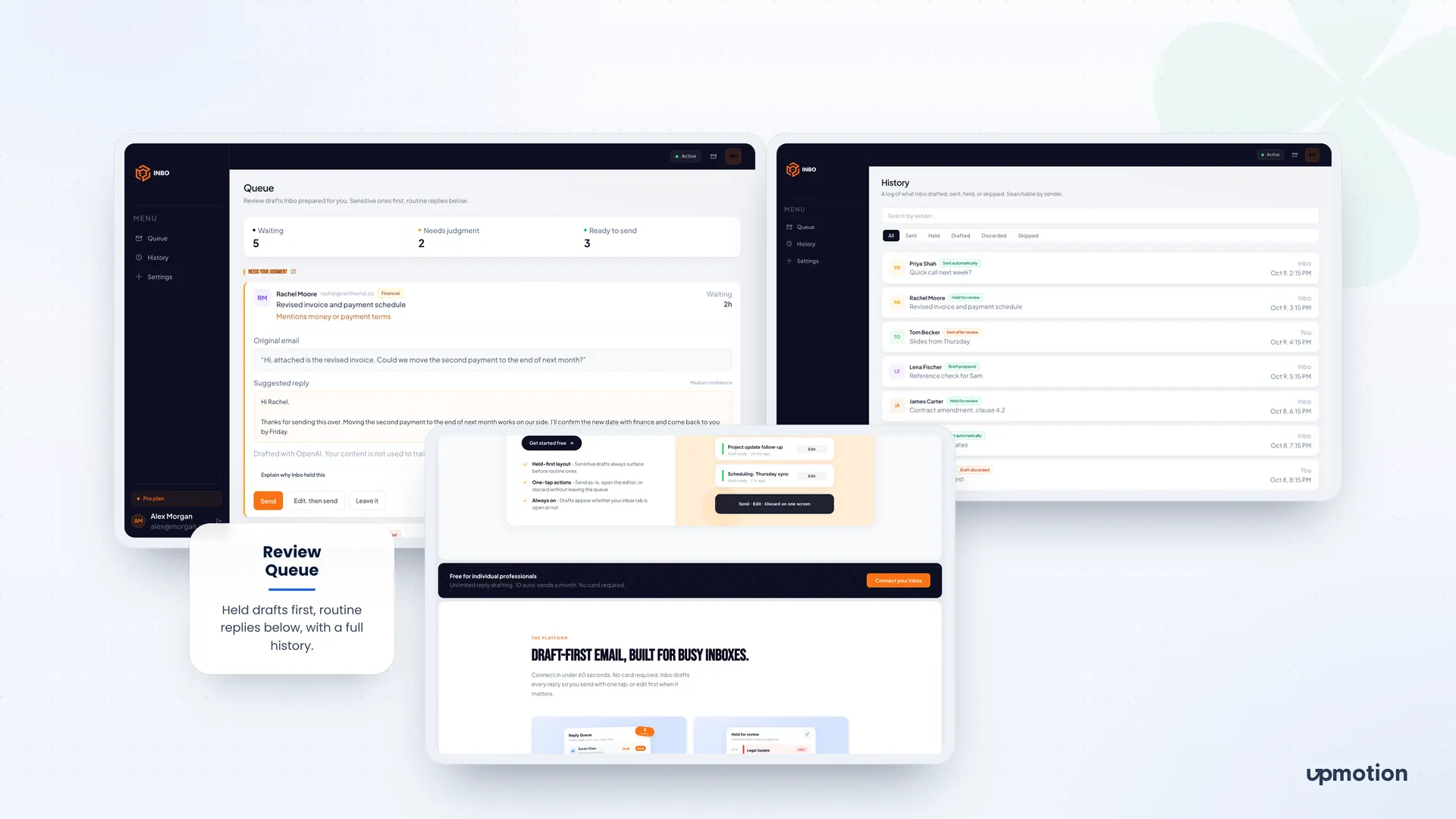 Inbo review queue, searchable reply history log and draft-first marketing section