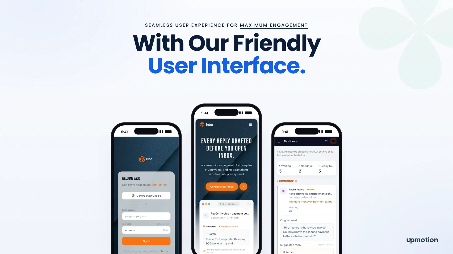 Inbo mobile screens showing sign-in, marketing hero and email review queue