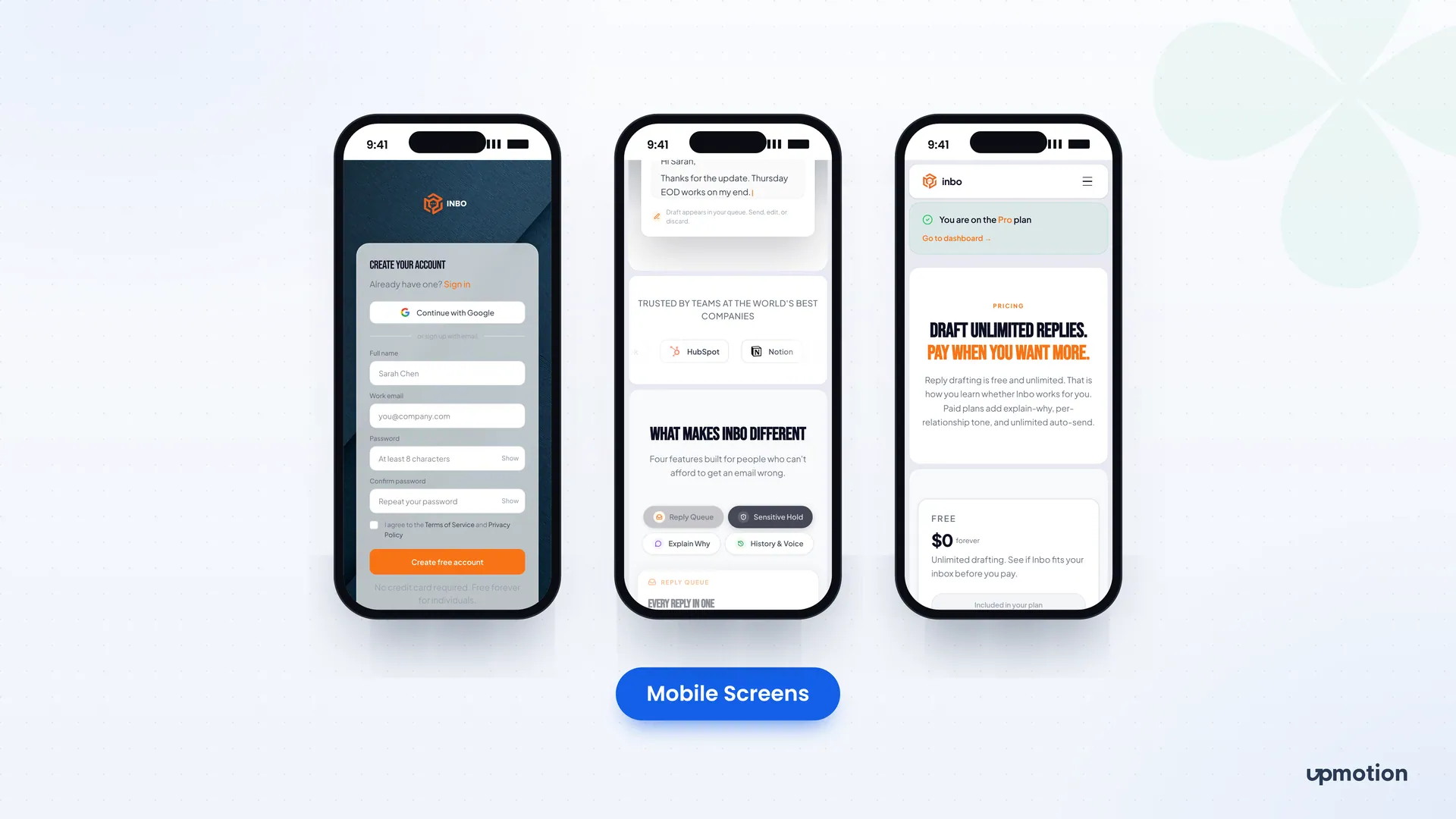 Inbo mobile screens for account creation, product features and free pricing plan