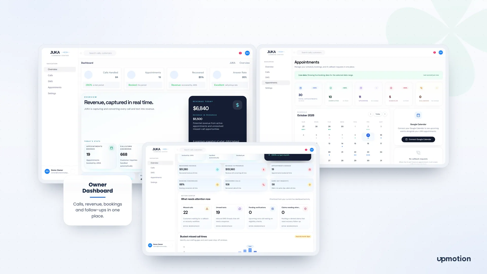 JUKA owner dashboard with revenue, appointments calendar and action center for missed calls