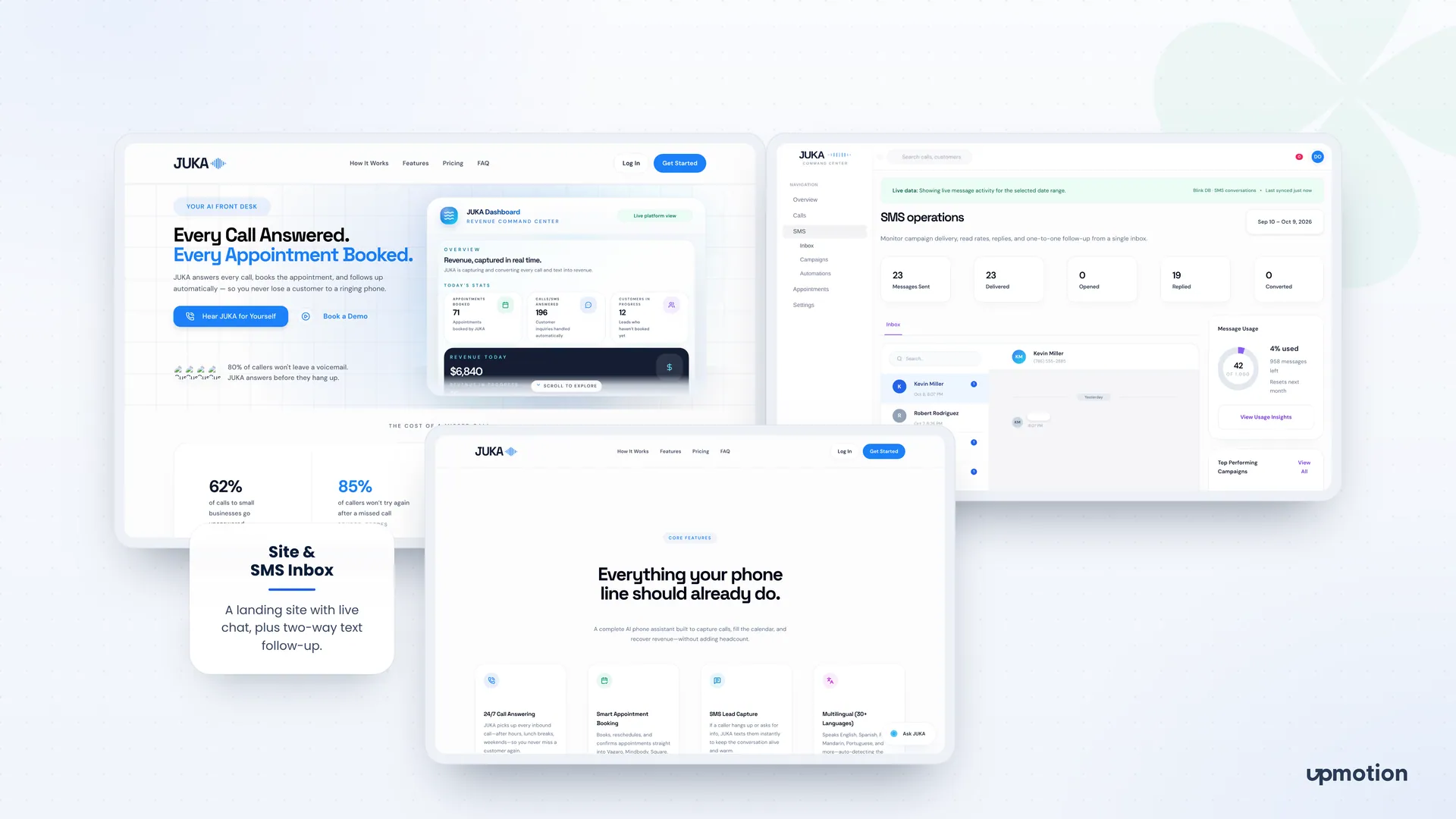 JUKA landing page core features and SMS operations inbox with message stats