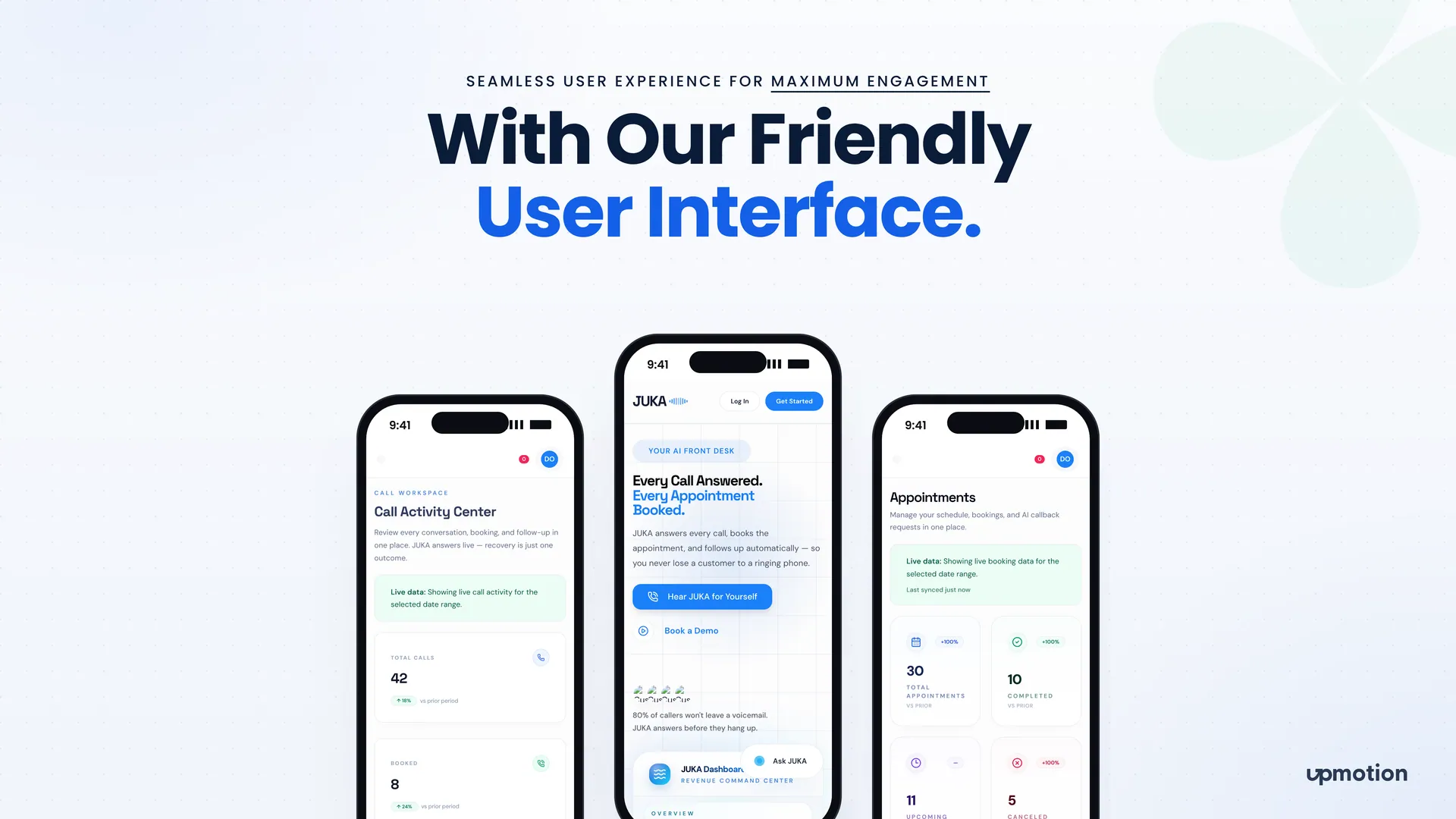 JUKA mobile screens showing call activity, marketing hero and appointment stats
