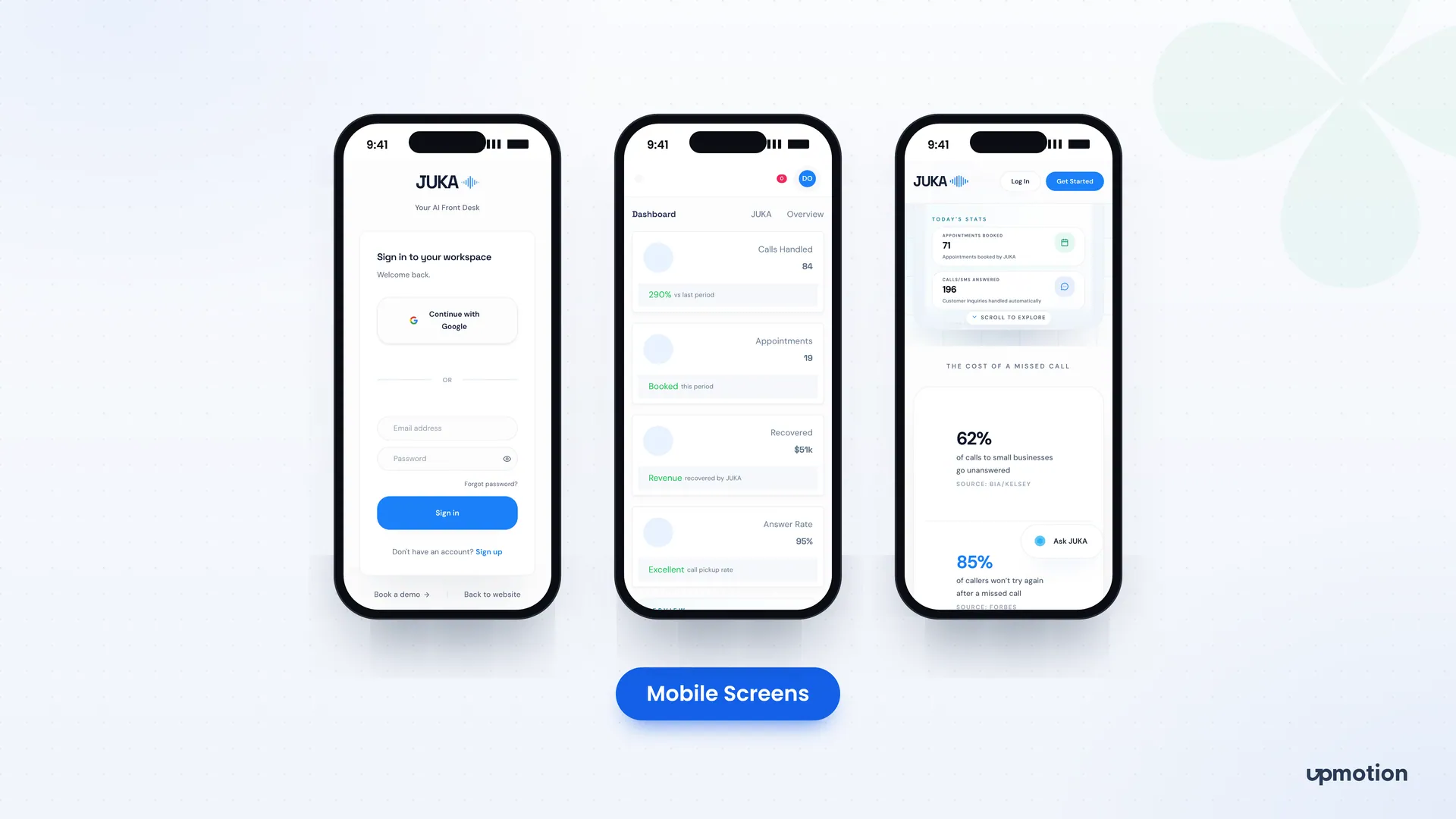 JUKA mobile screens for workspace sign-in, owner dashboard and missed call statistics