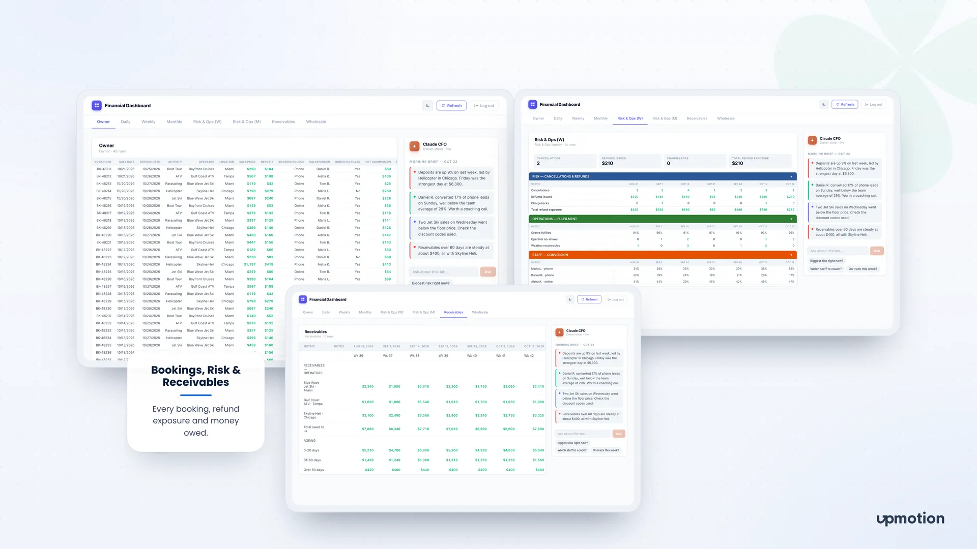 Ledgerlight owner bookings, risk and operations, and receivables aging tabs