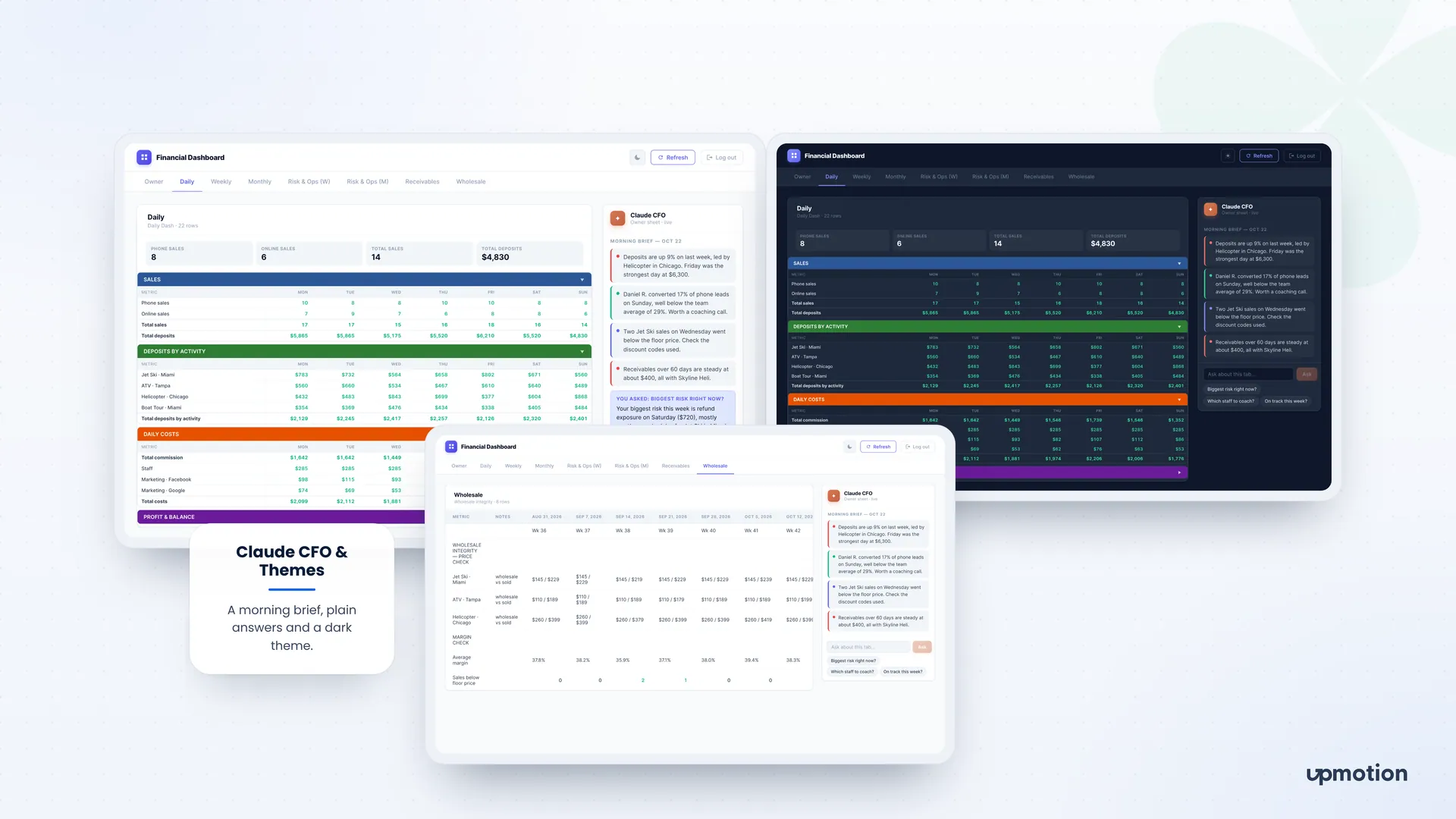 Ledgerlight Claude CFO answer, wholesale price check tab and dark theme