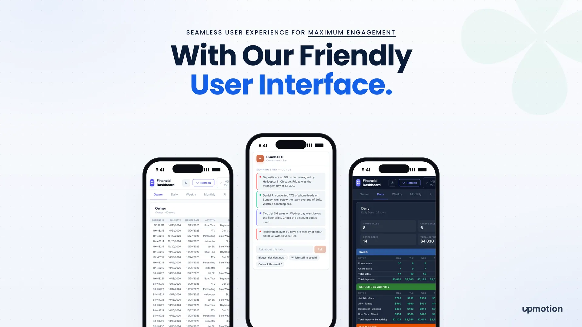 Ledgerlight mobile screens for the owner tab, the Claude CFO brief and the daily tab in dark theme