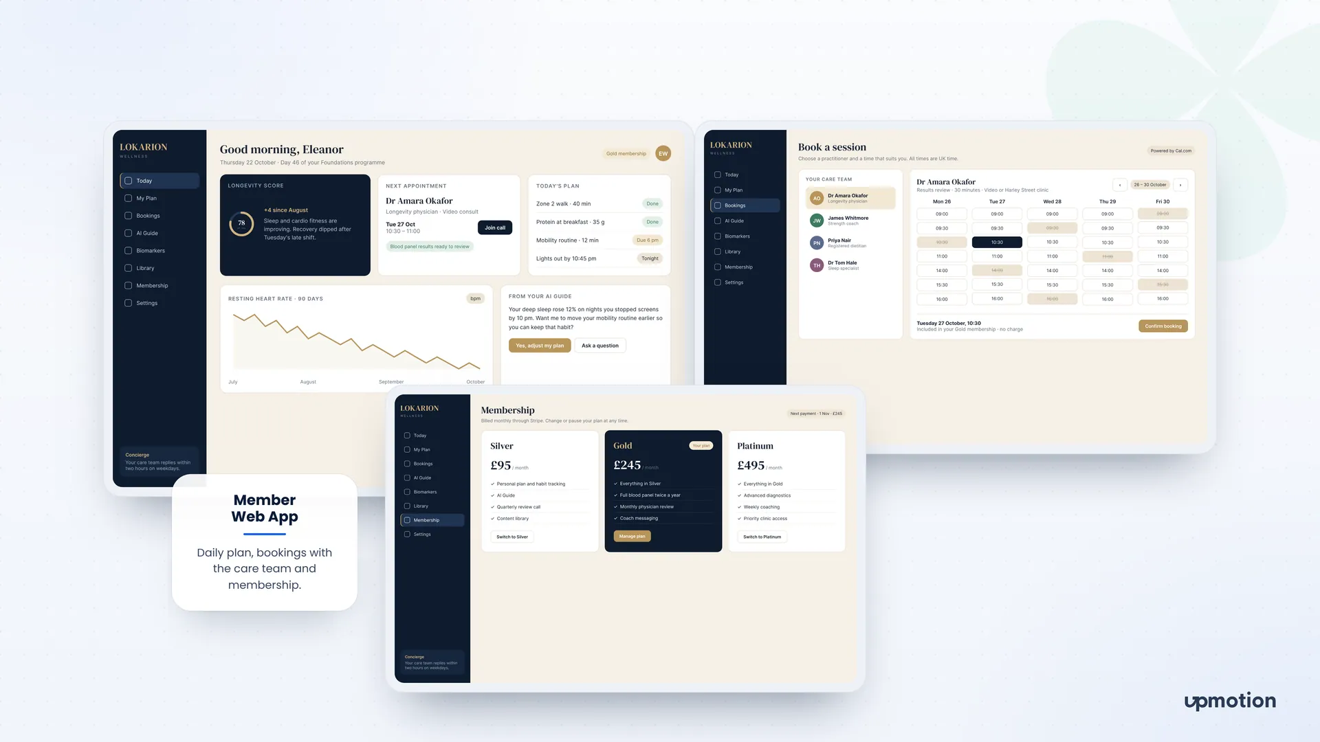 Lokarion Wellness member web app with today screen, care team booking calendar and Silver, Gold and Platinum memberships