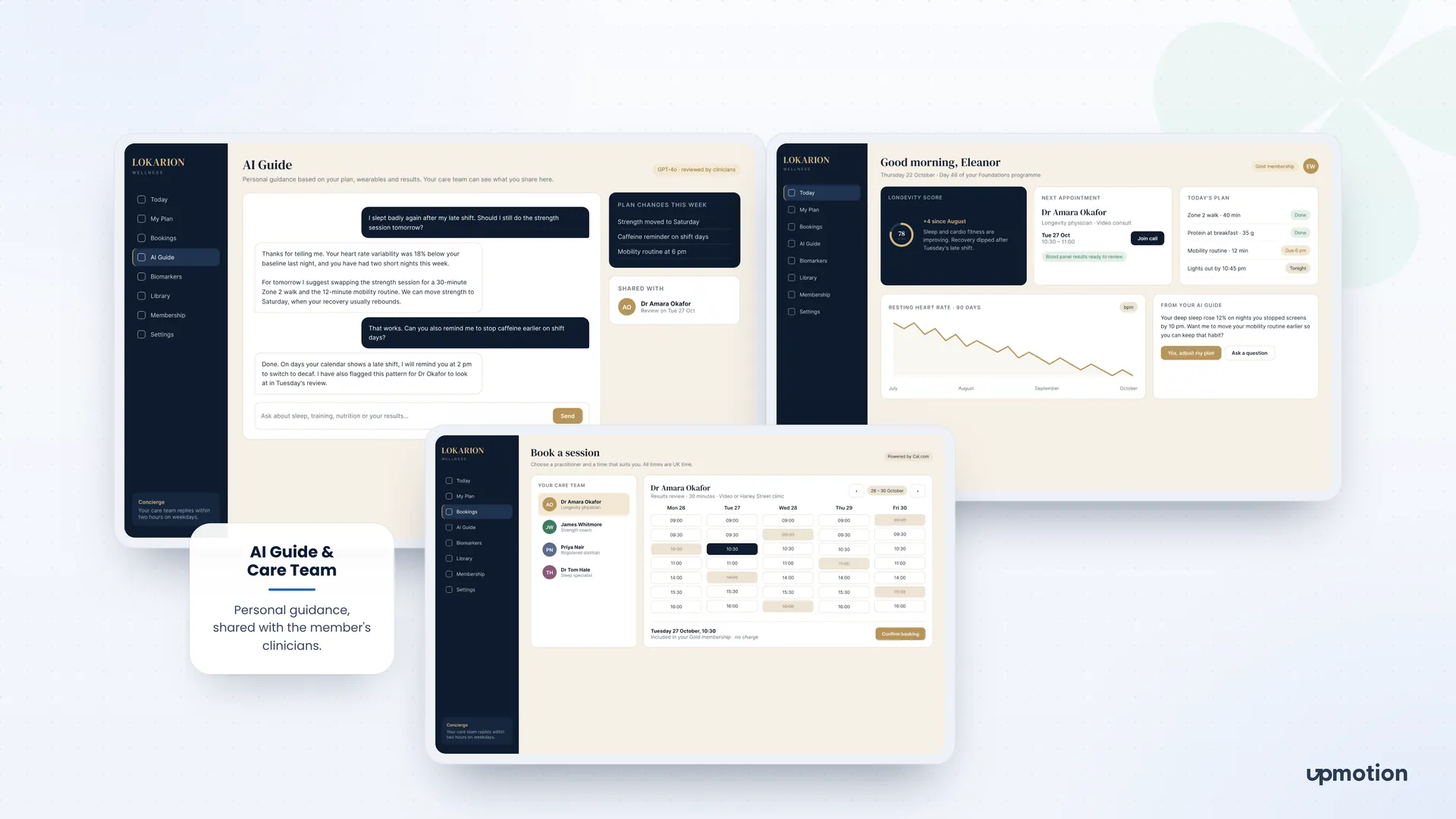 Lokarion Wellness AI Guide, today screen and Cal.com session booking with the care team