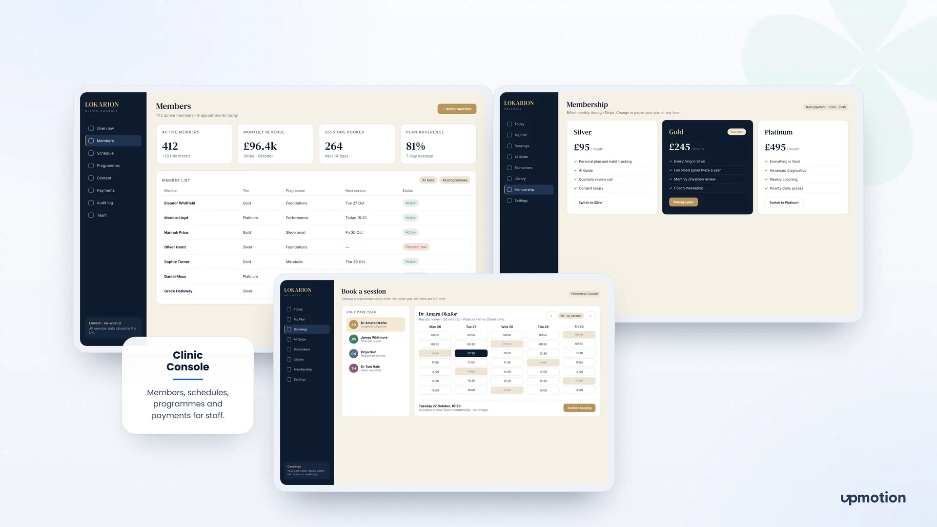 Lokarion Wellness Clinic Console member list with tiers, programs and payment status, plus membership and booking screens