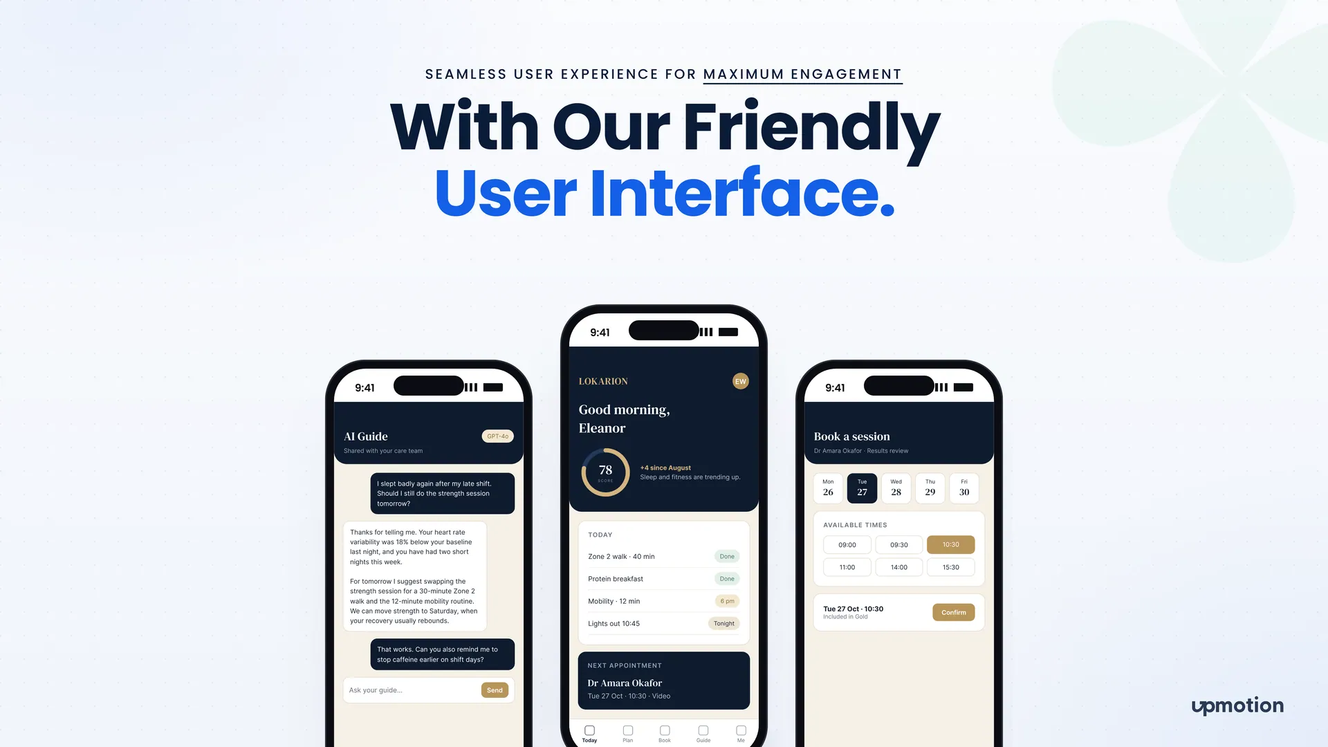 Lokarion Wellness mobile screens for the AI Guide, the daily plan and booking a session