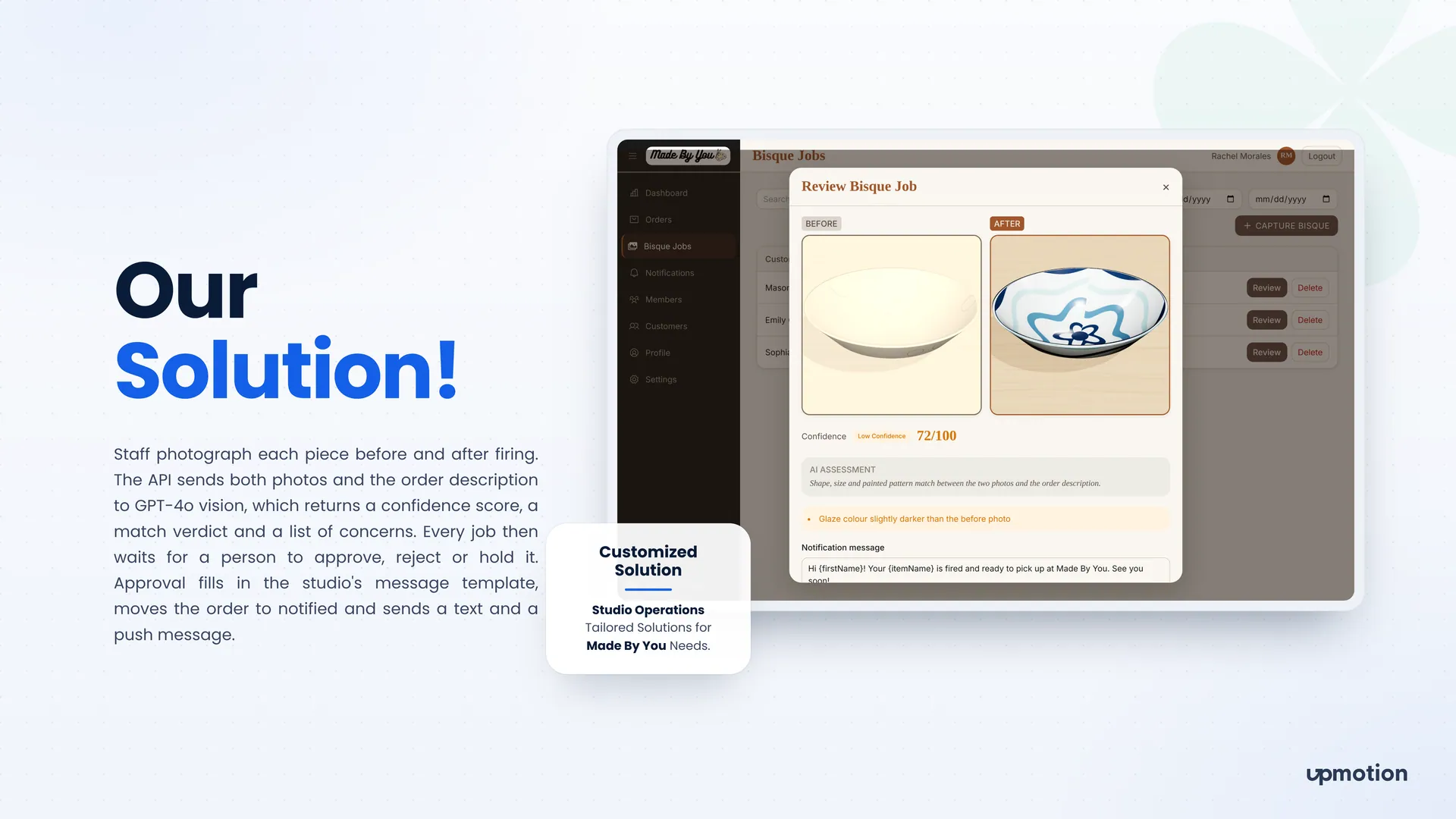 Made By You review bisque job modal with before and after photos, a 72 out of 100 confidence score and AI assessment