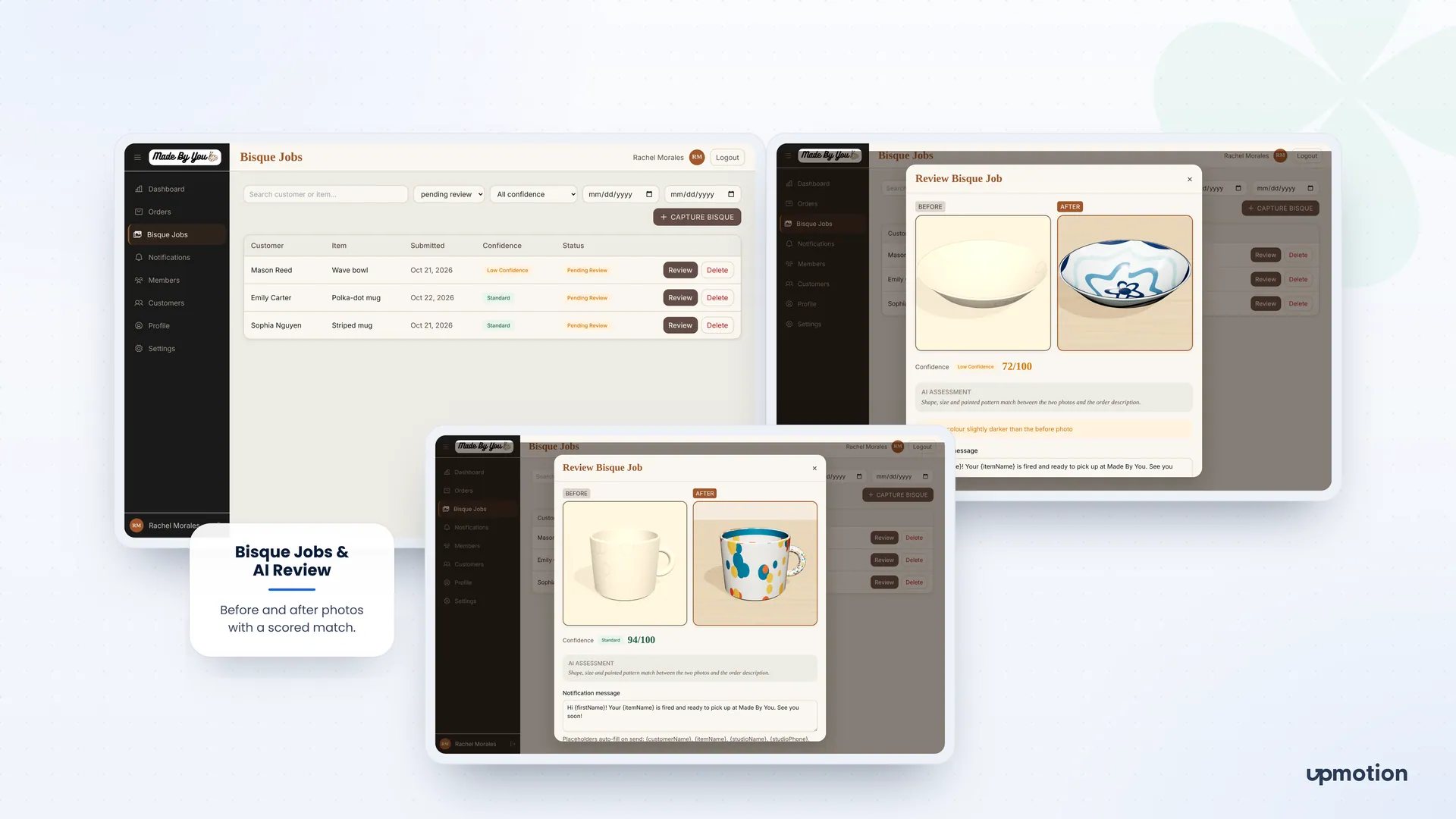 Made By You bisque jobs list and review screens comparing before and after photos of a bowl and a mug