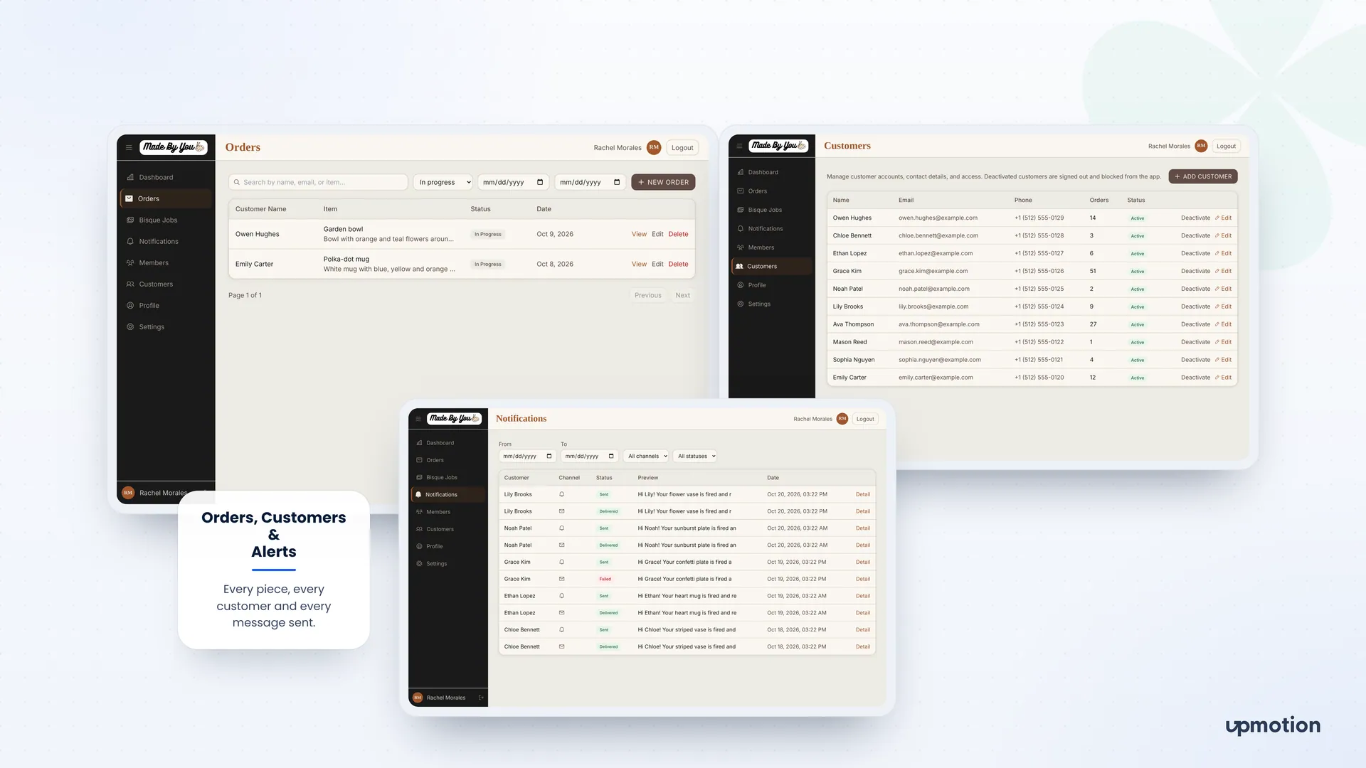Made By You admin screens for orders, customers and the notifications log with delivery status