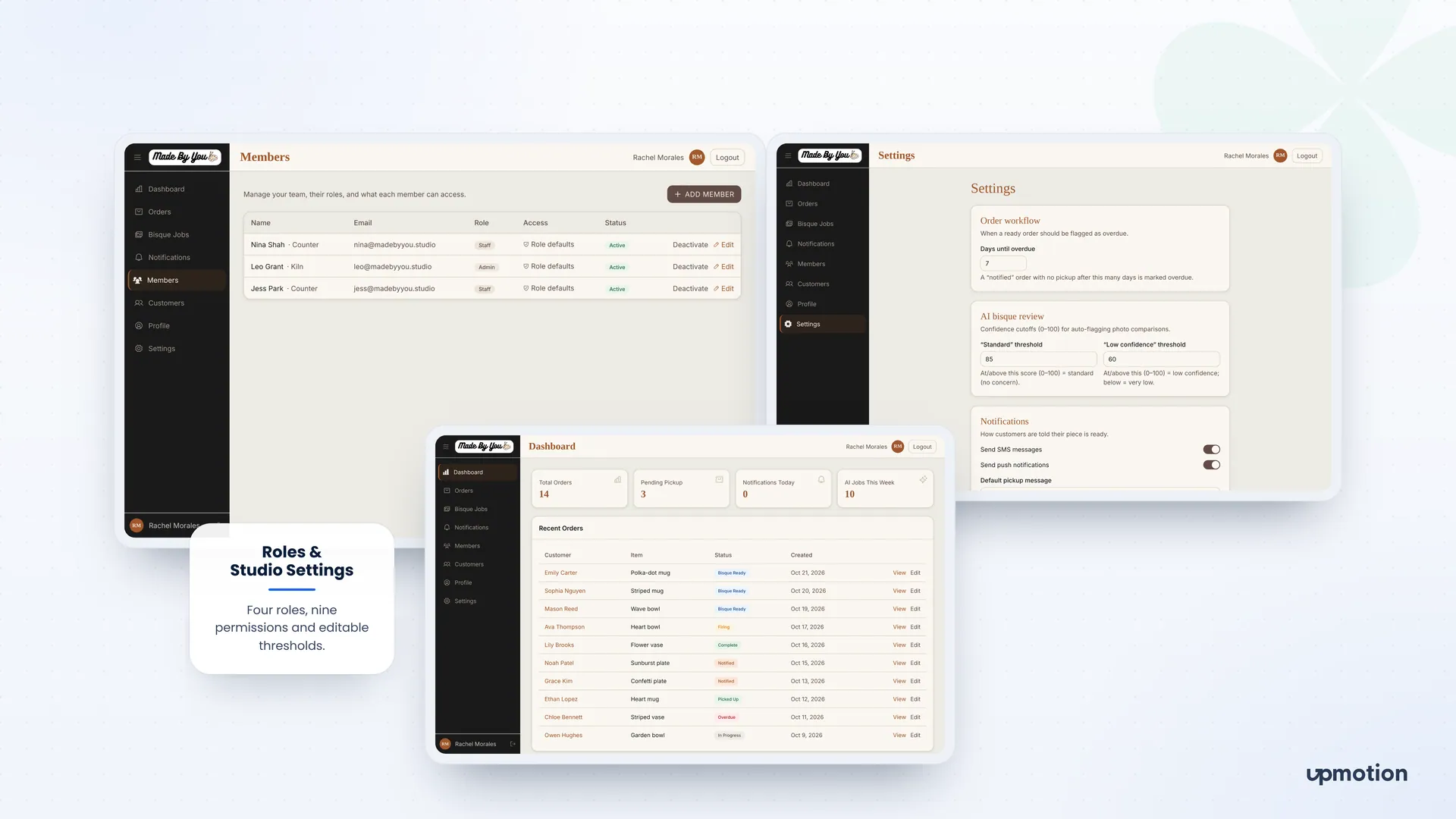 Made By You team members and roles, studio settings for AI thresholds and notifications, and the dashboard
