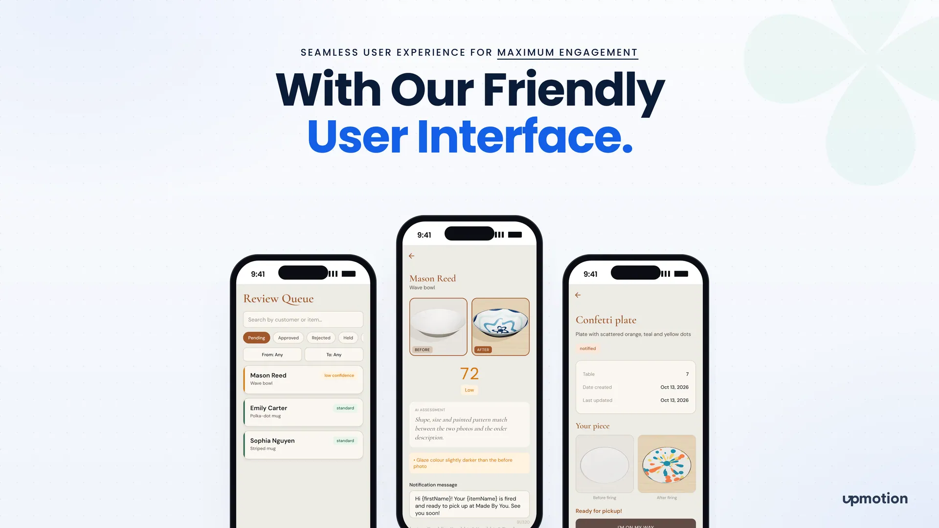 Made By You mobile screens for the review queue, an AI scored bisque job and a customer's finished plate
