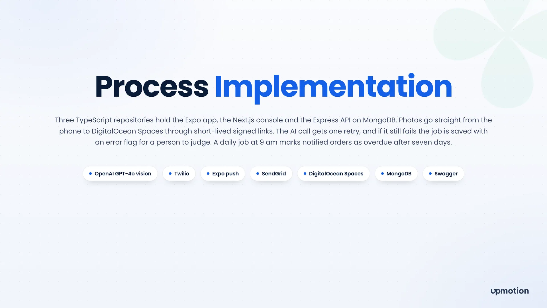 Made By You process slide listing OpenAI GPT-4o vision, Twilio, Expo push, SendGrid, DigitalOcean Spaces and MongoDB