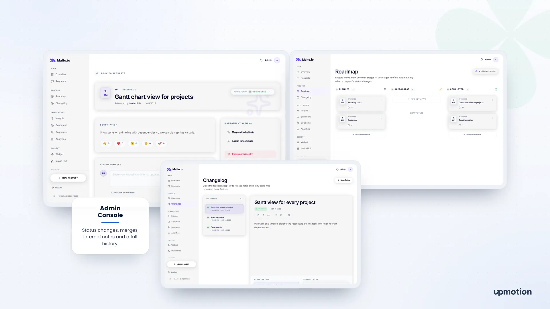 Malto.io admin console request detail, drag and drop roadmap and changelog editor