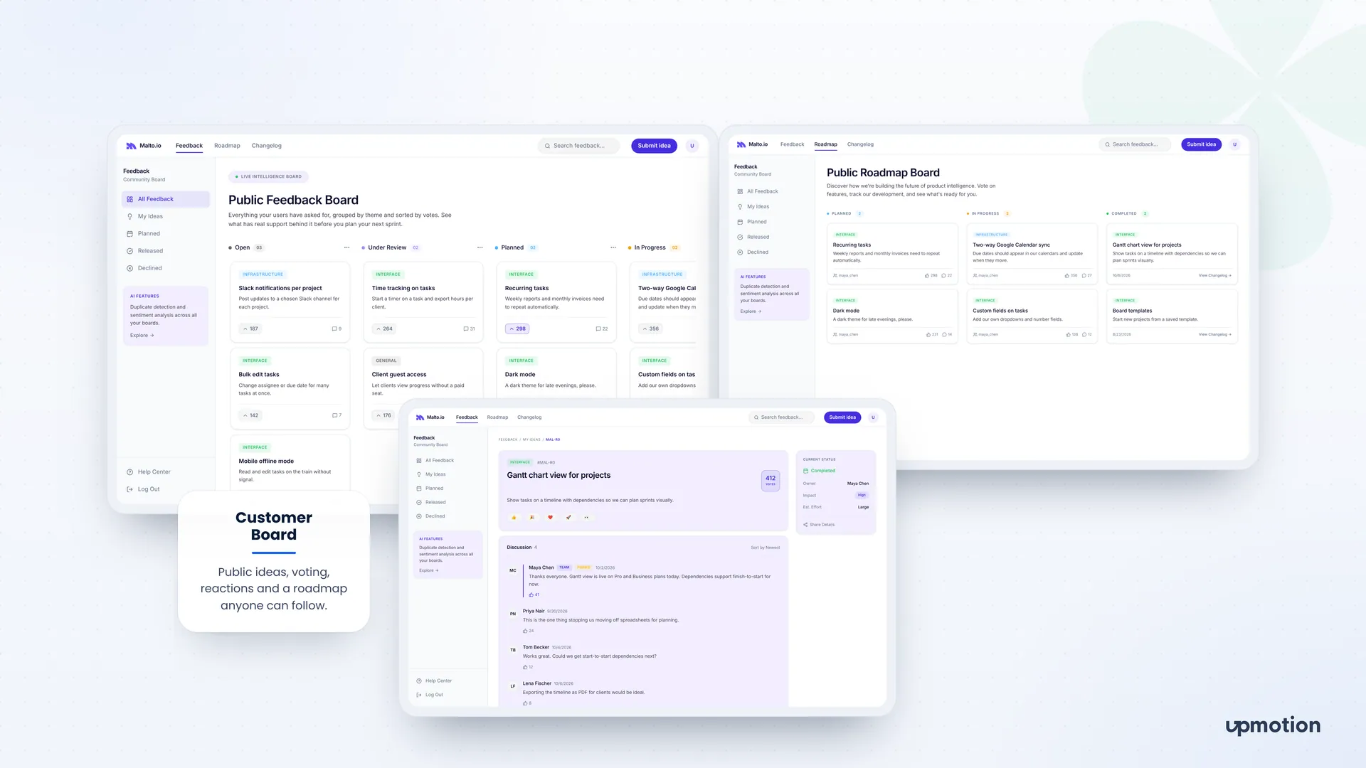 Malto.io customer board showing the public feedback board, roadmap and idea discussion page