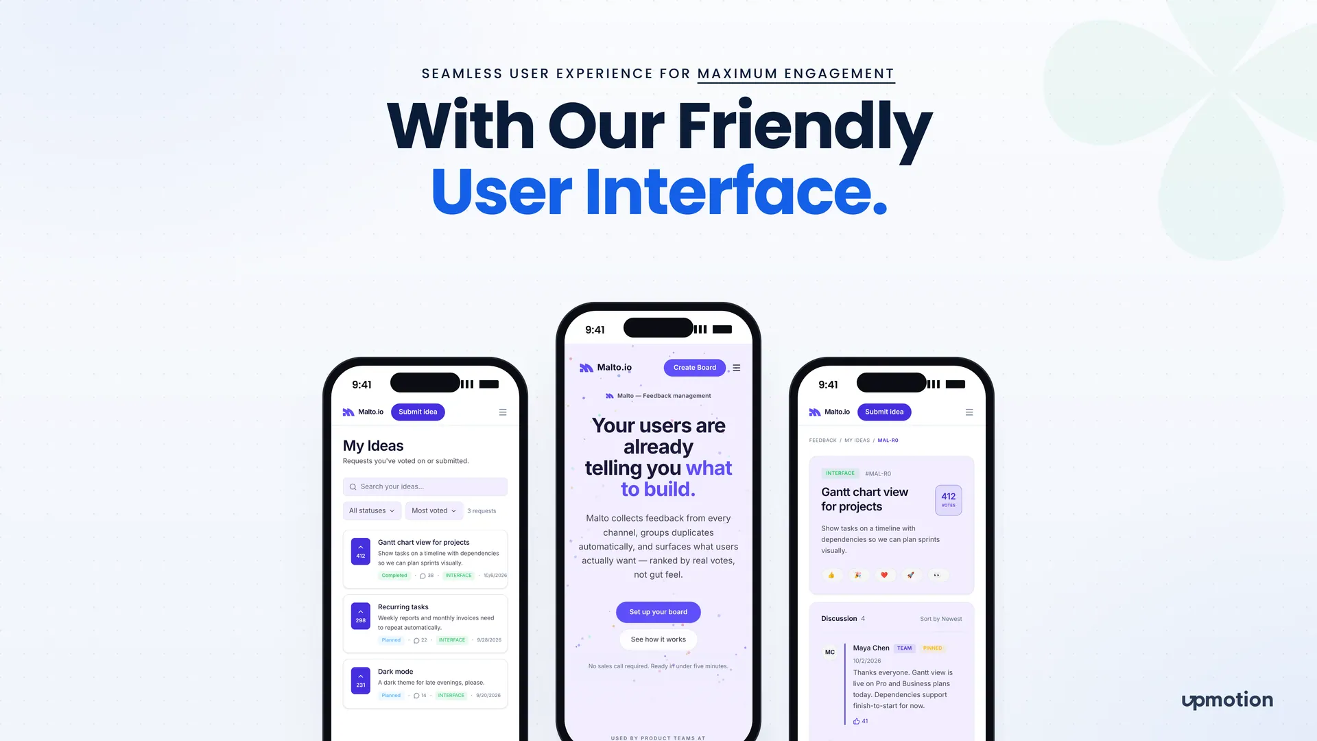 Malto.io mobile screens for My Ideas, the marketing home page and an idea detail