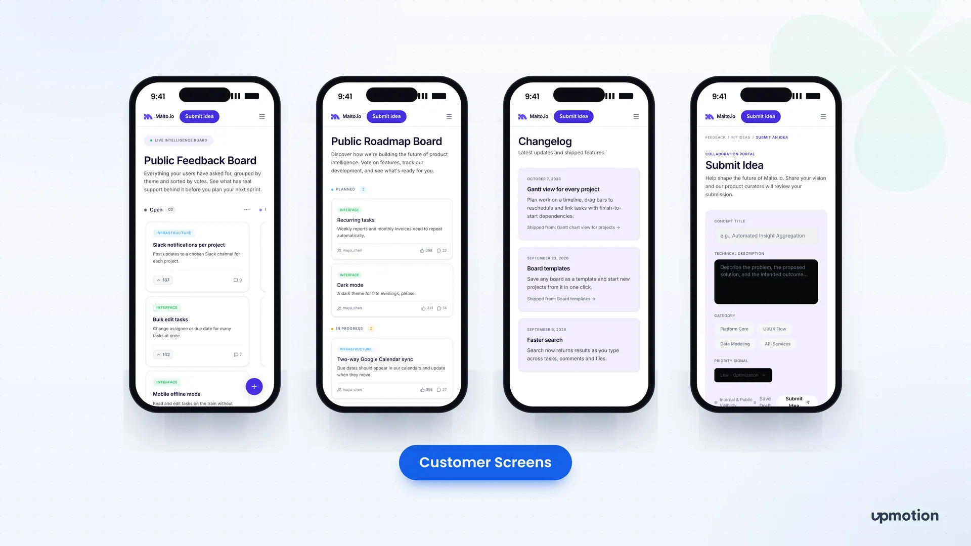 Malto.io mobile customer screens for feedback board, roadmap, changelog and idea submission