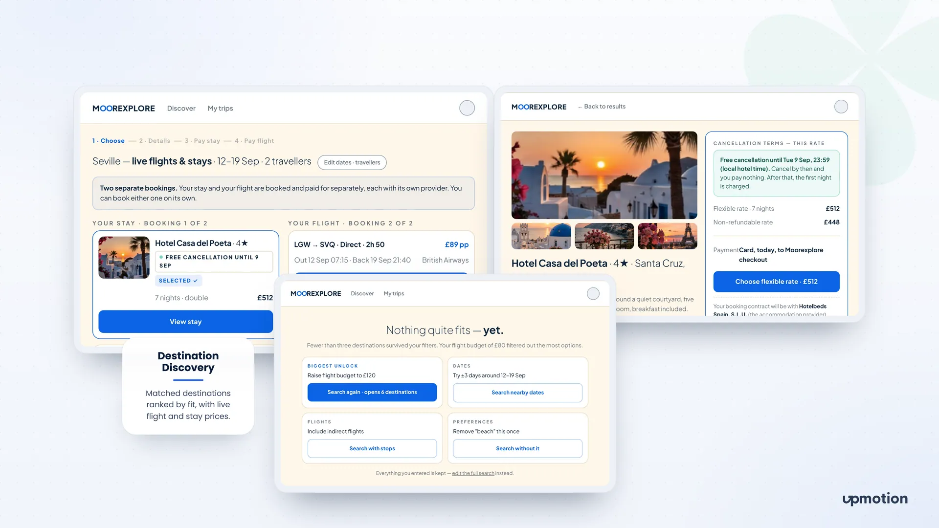 Moorexplore live flight and stay results for Seville, hotel detail and empty state suggestions
