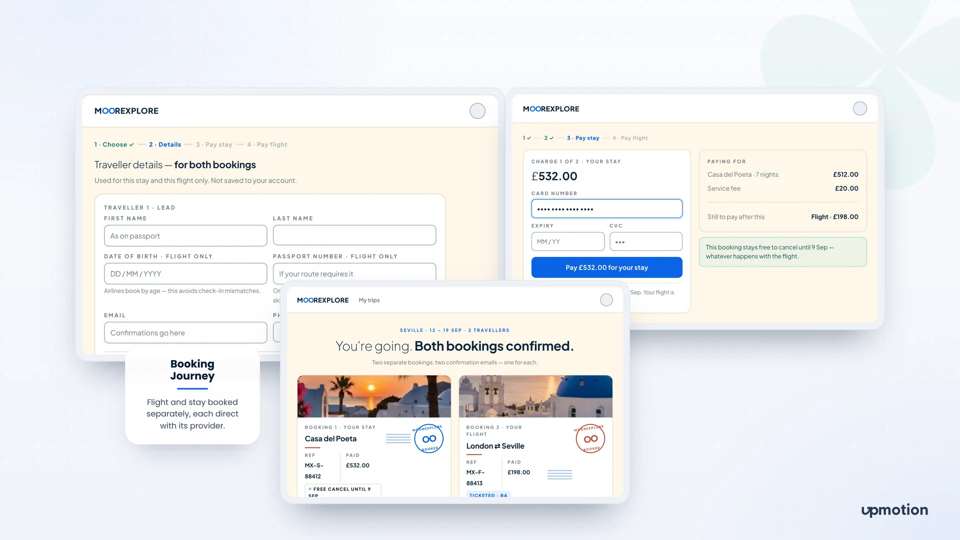 Moorexplore booking journey with traveller details, stay payment and confirmation of both bookings