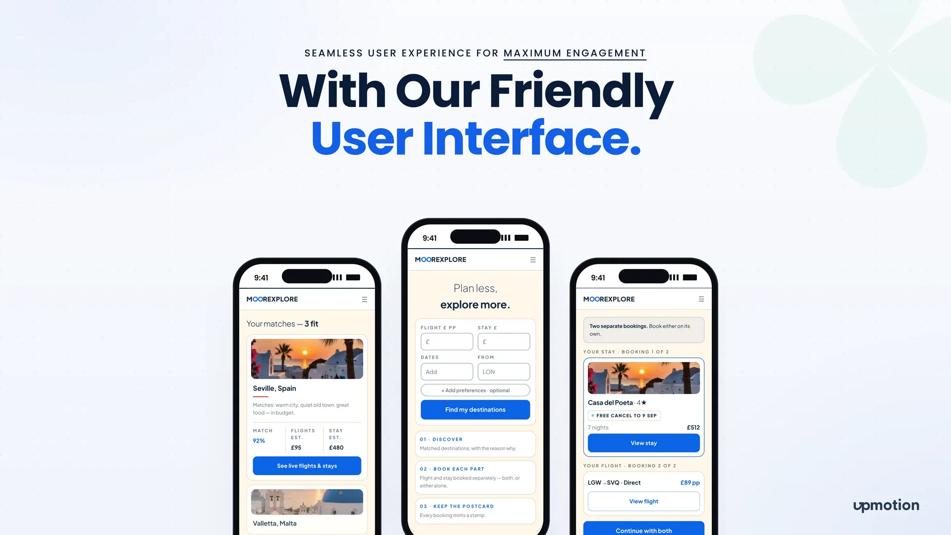 Moorexplore mobile screens showing destination matches, trip search form and separate bookings