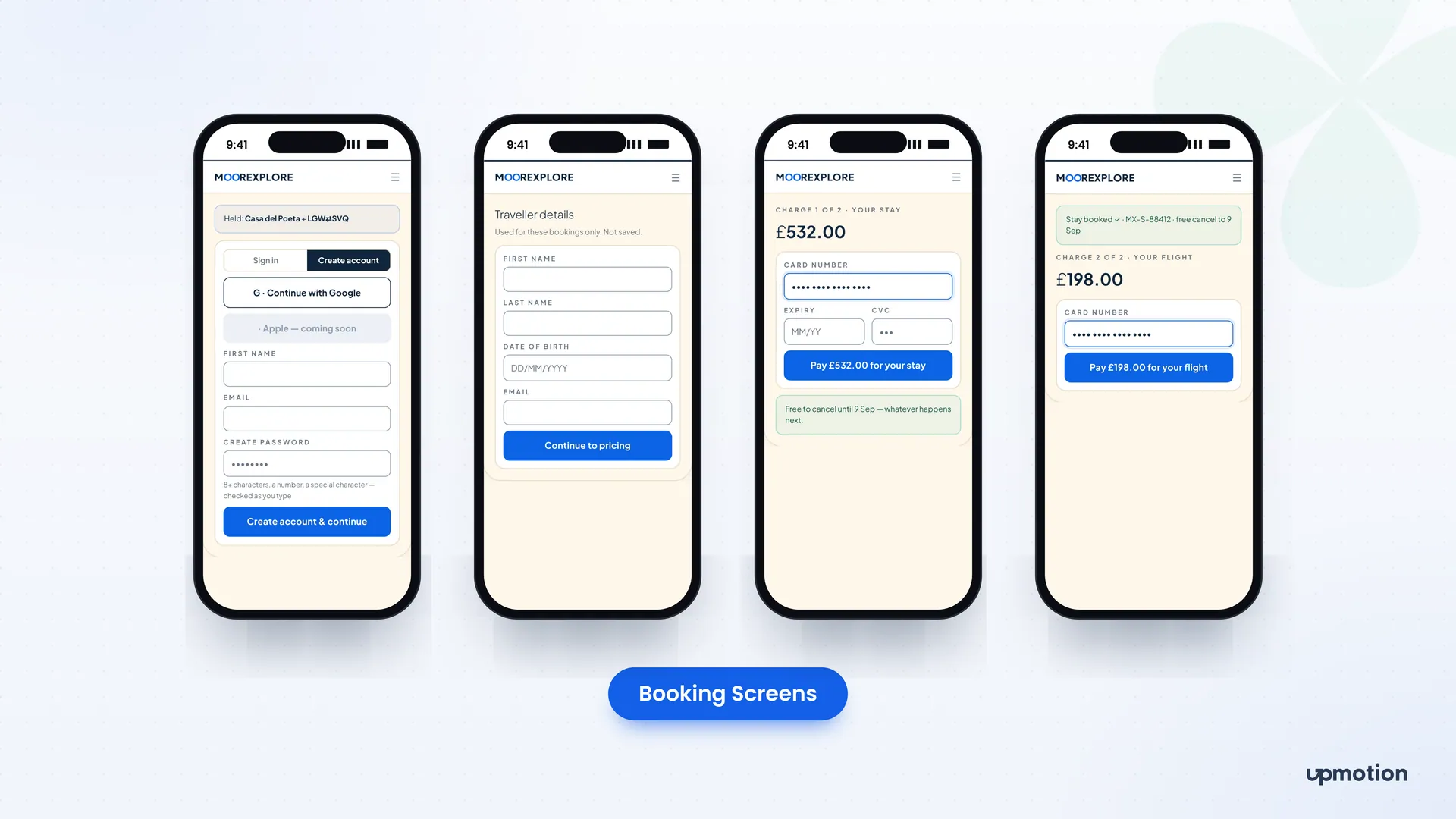 Moorexplore mobile booking screens for account creation, traveller details and separate payments