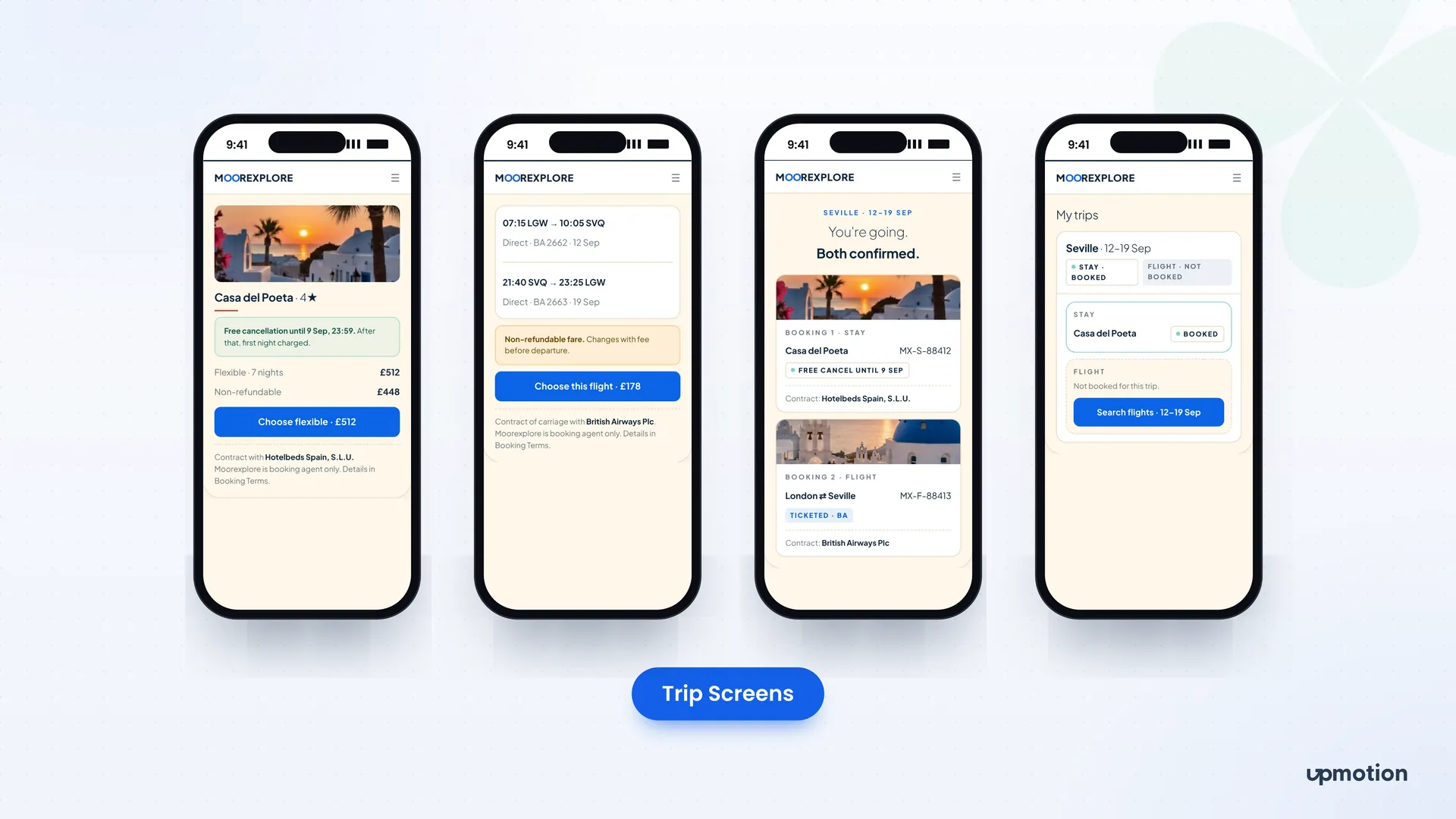 Moorexplore mobile trip screens for hotel terms, flight details, confirmation and My trips
