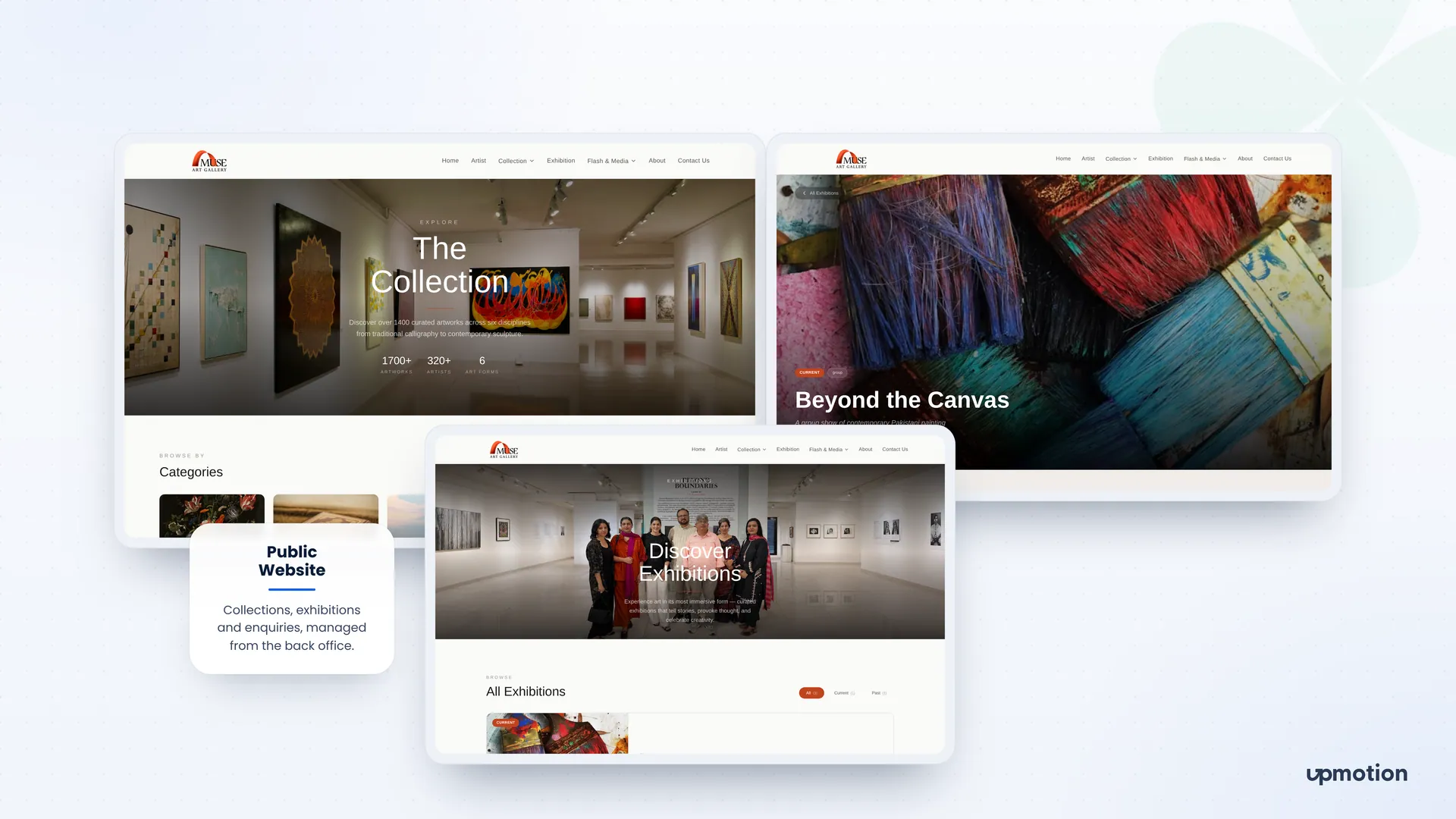 Muse Art Galleries public website pages for the collection, an exhibition and all exhibitions