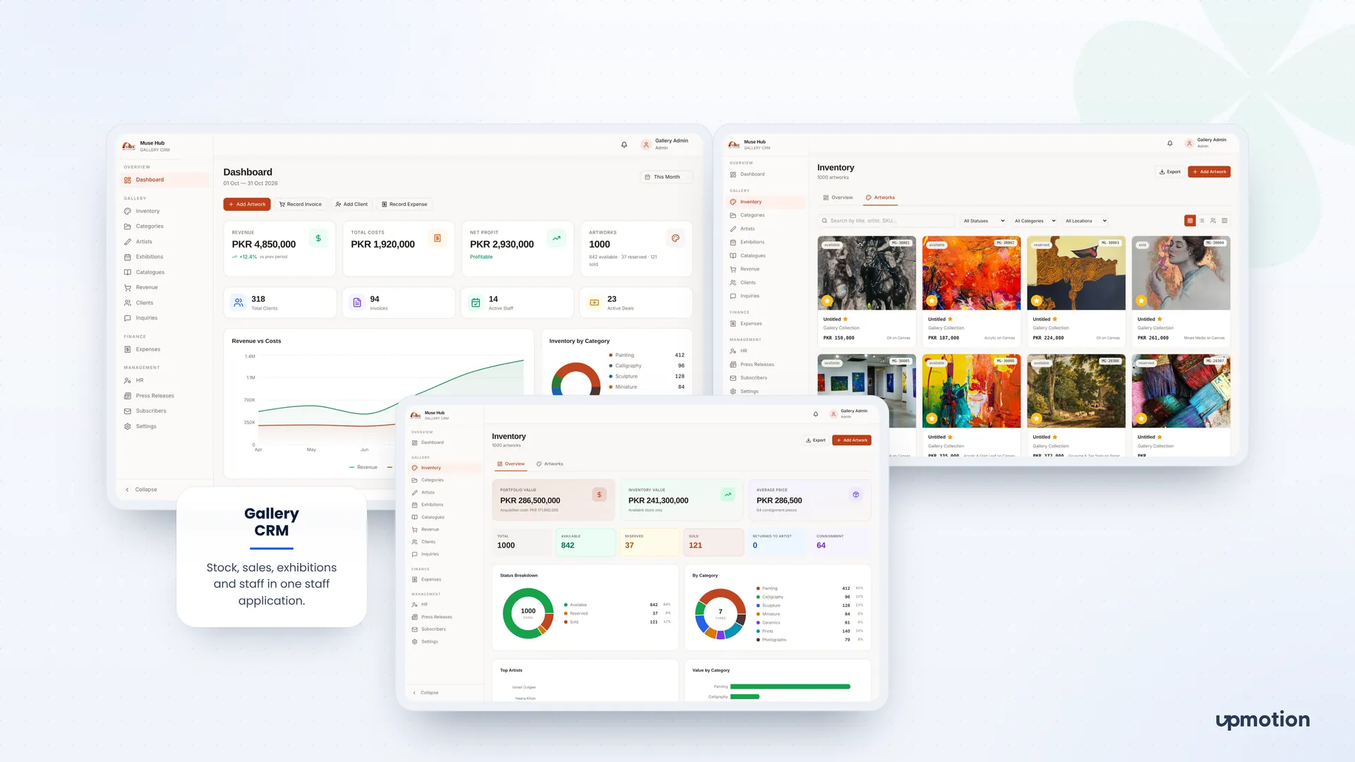 Muse Hub gallery CRM dashboard and artwork inventory screens with sales and stock figures
