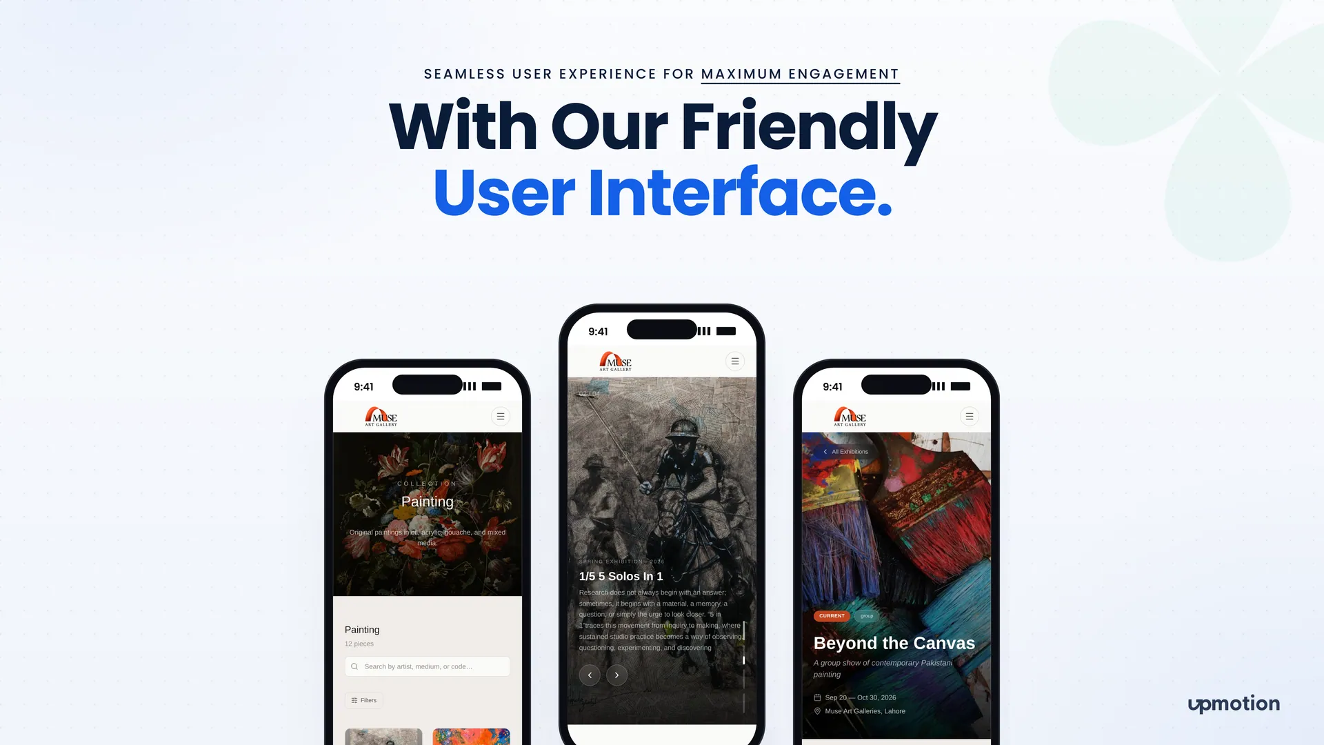 Muse Art Galleries mobile screens for the painting collection, exhibition slider and exhibition detail