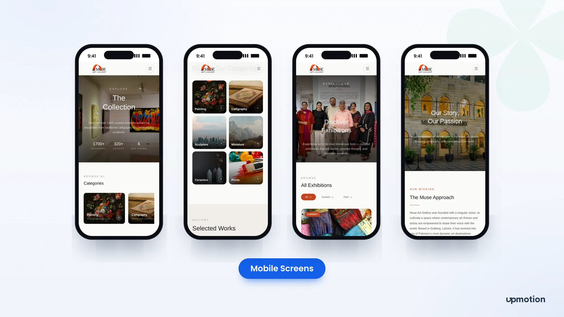 Muse Art Galleries mobile screens for the collection, categories, exhibitions and about page
