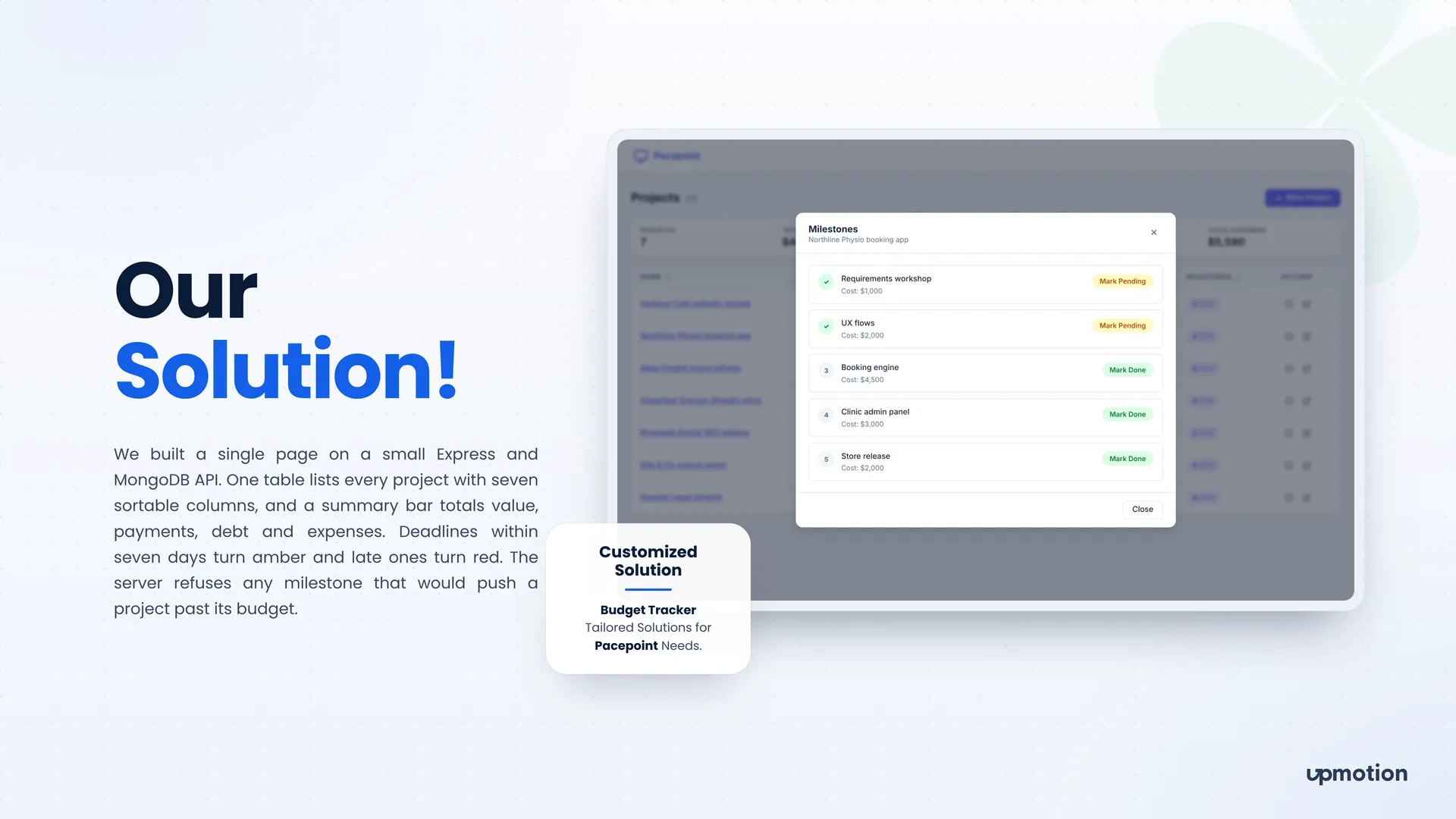 Pacepoint milestones modal for a booking app project with costs and done or pending status