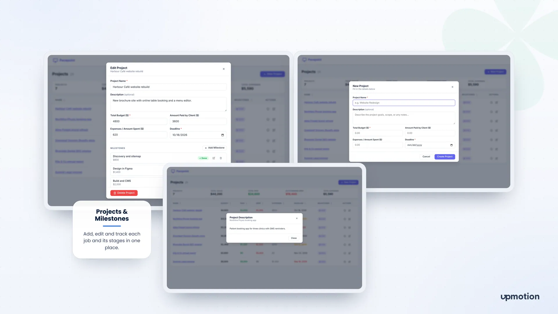 Pacepoint edit project, new project and project description modals over the projects table