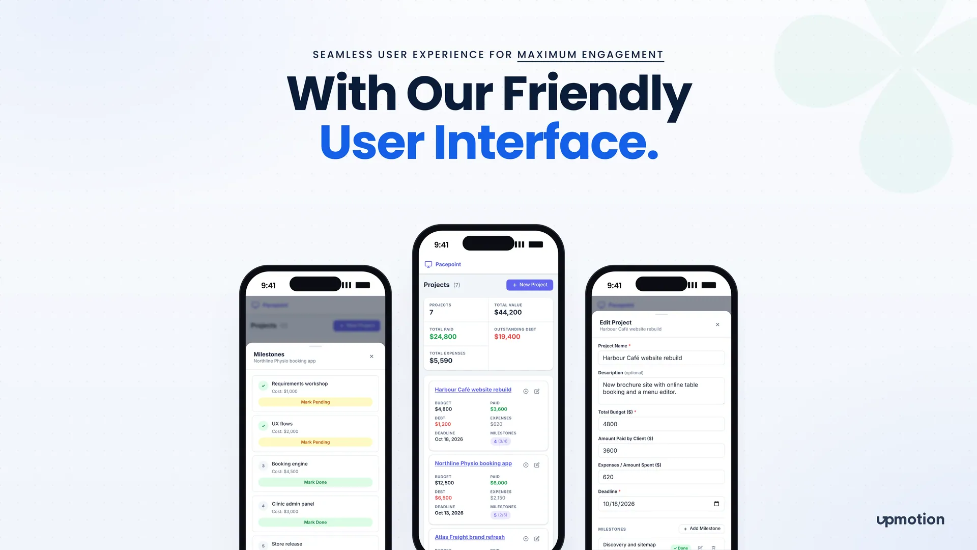 Pacepoint mobile screens for milestones, projects overview with totals and the edit project form