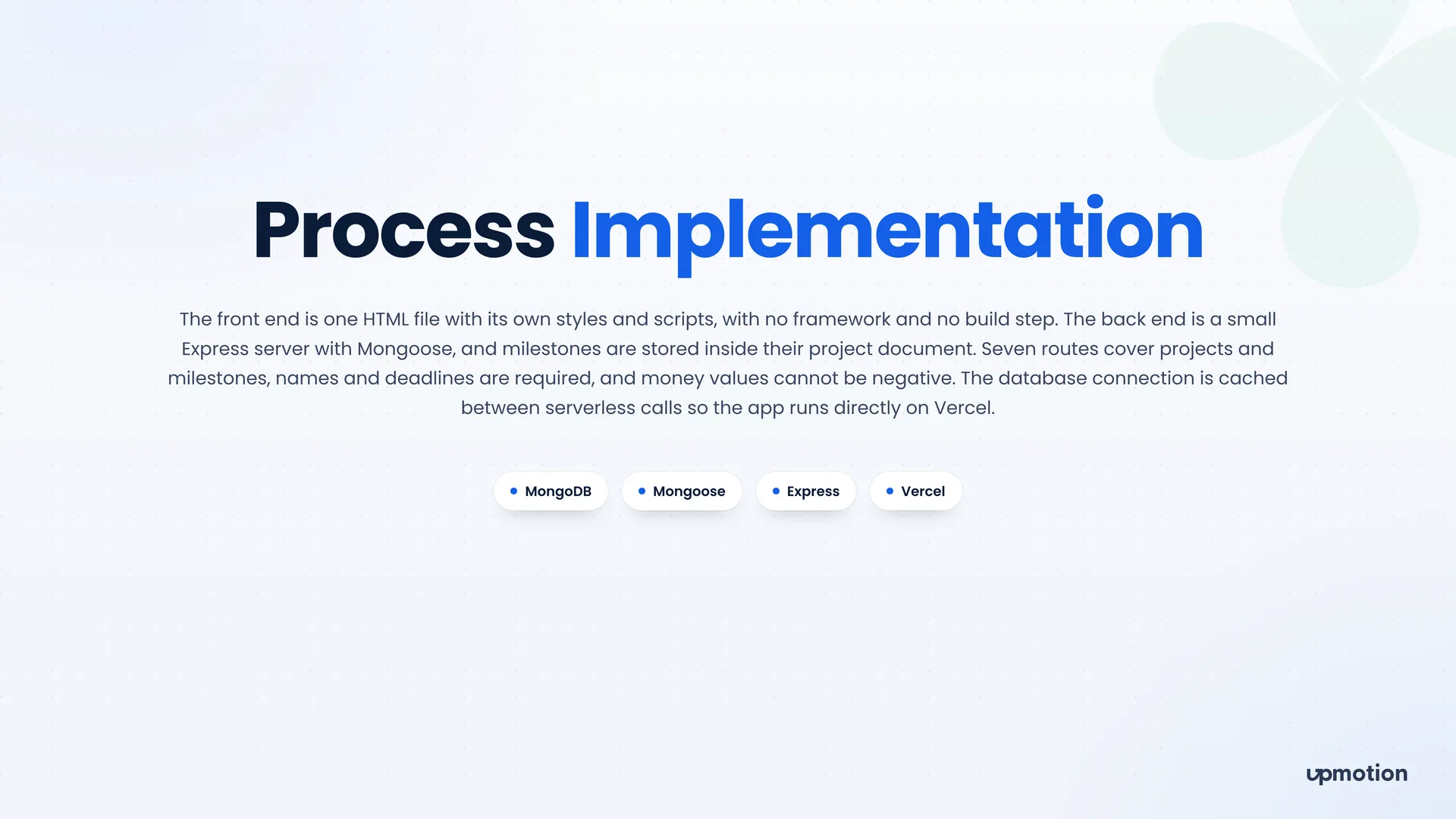Pacepoint process implementation slide describing the Express, Mongoose and Vercel setup