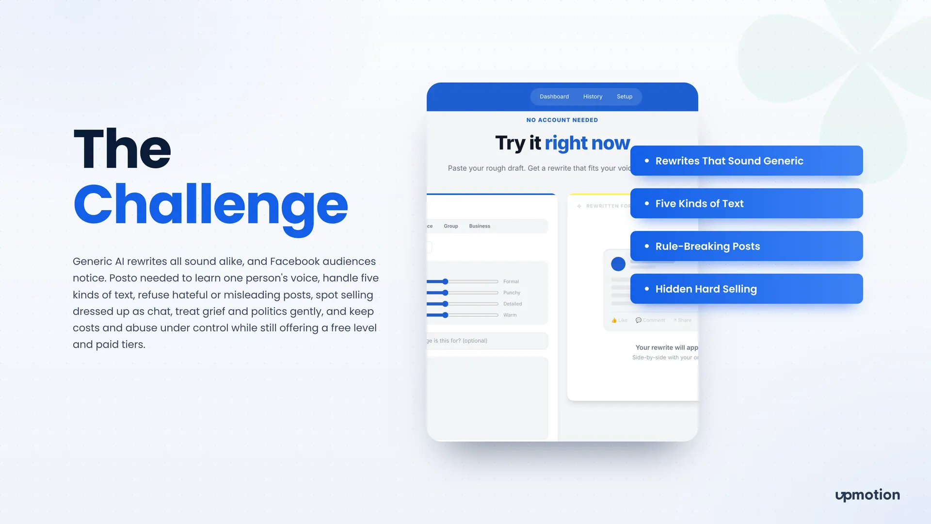 Posto AI rewrite form with tone sliders next to the main product challenges