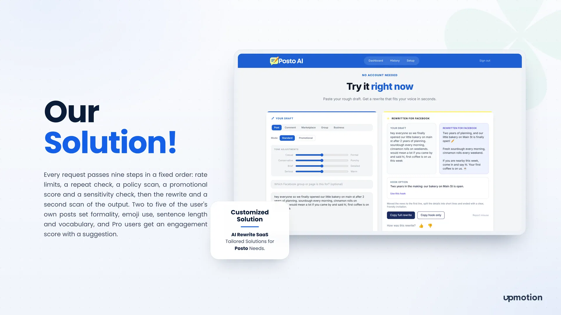Posto AI rewrite studio showing a bakery draft and its Facebook rewrite side by side