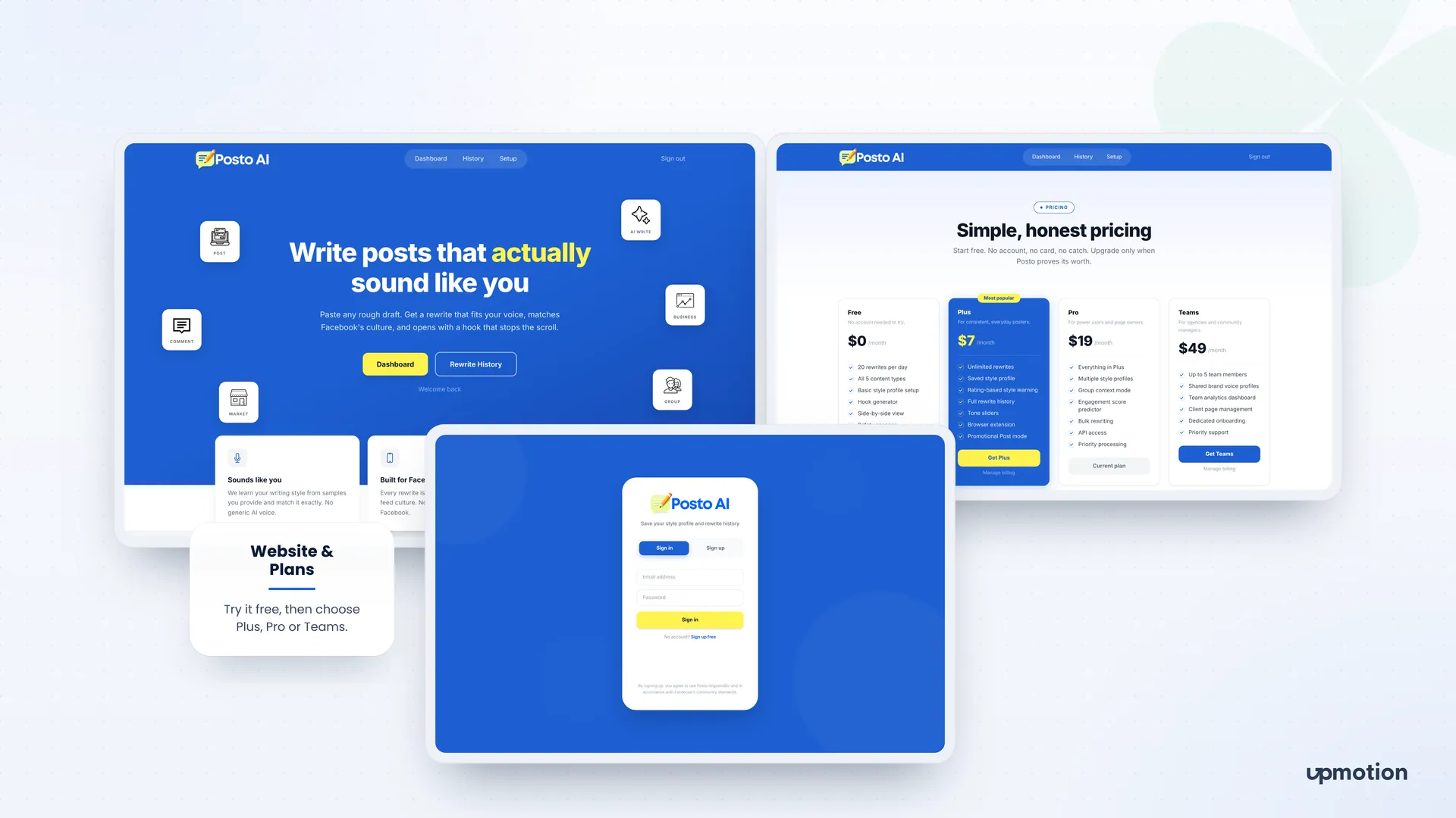 Posto AI landing page, Free, Plus, Pro and Teams pricing page, and sign in screen