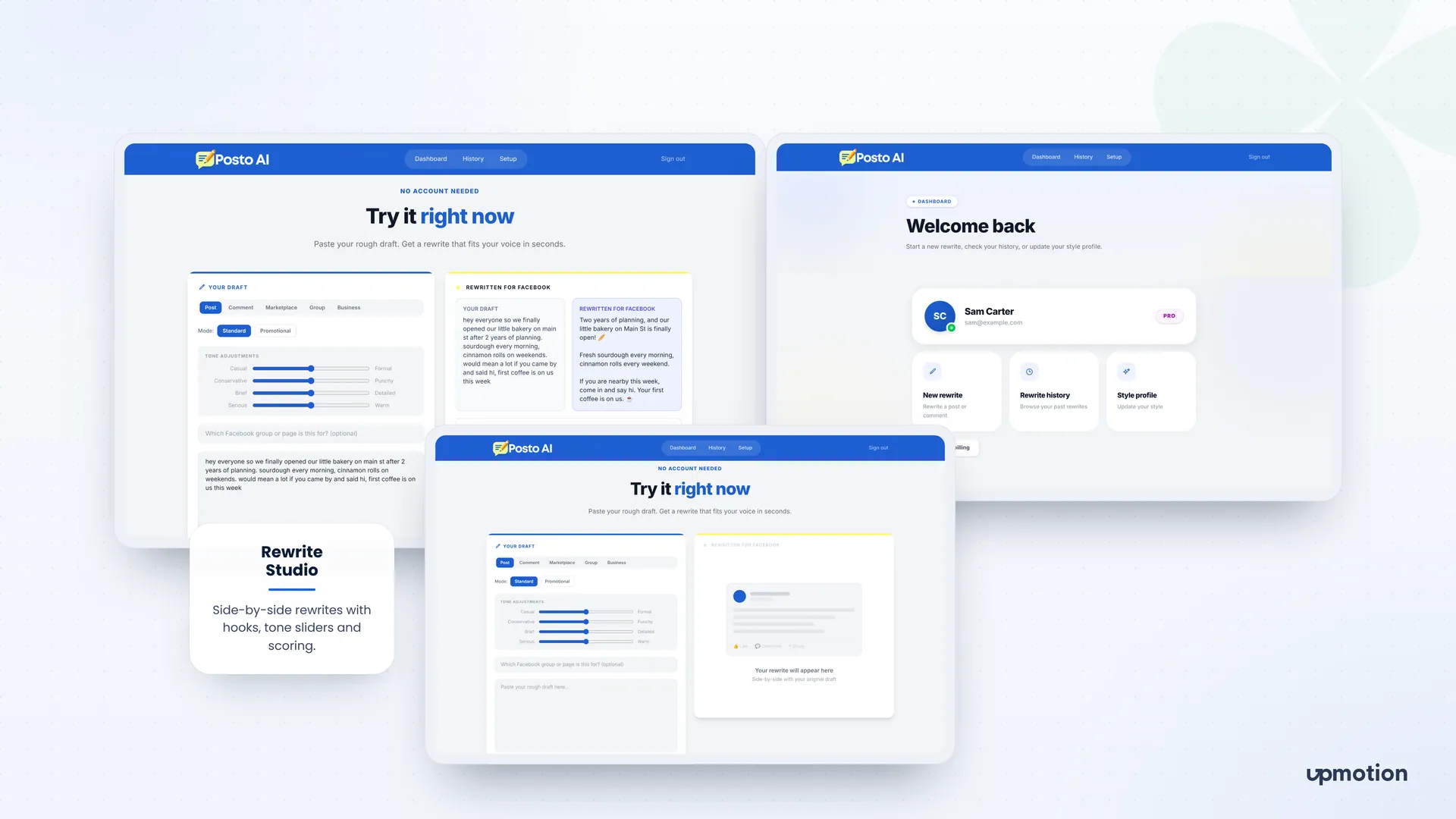Posto AI rewrite studio and user dashboard with new rewrite, history and style profile