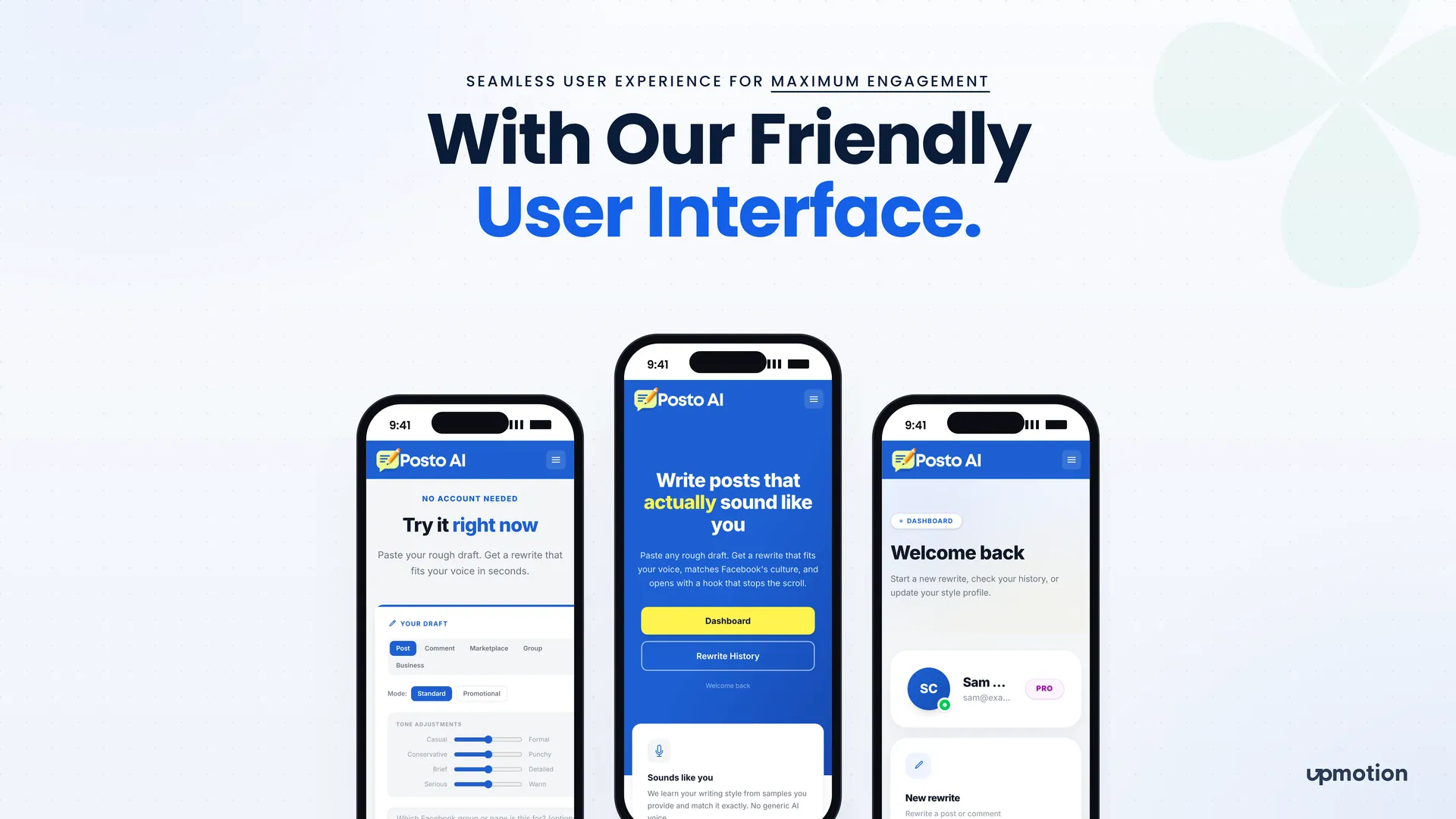 Three Posto AI mobile screens showing the rewrite form, landing page and dashboard