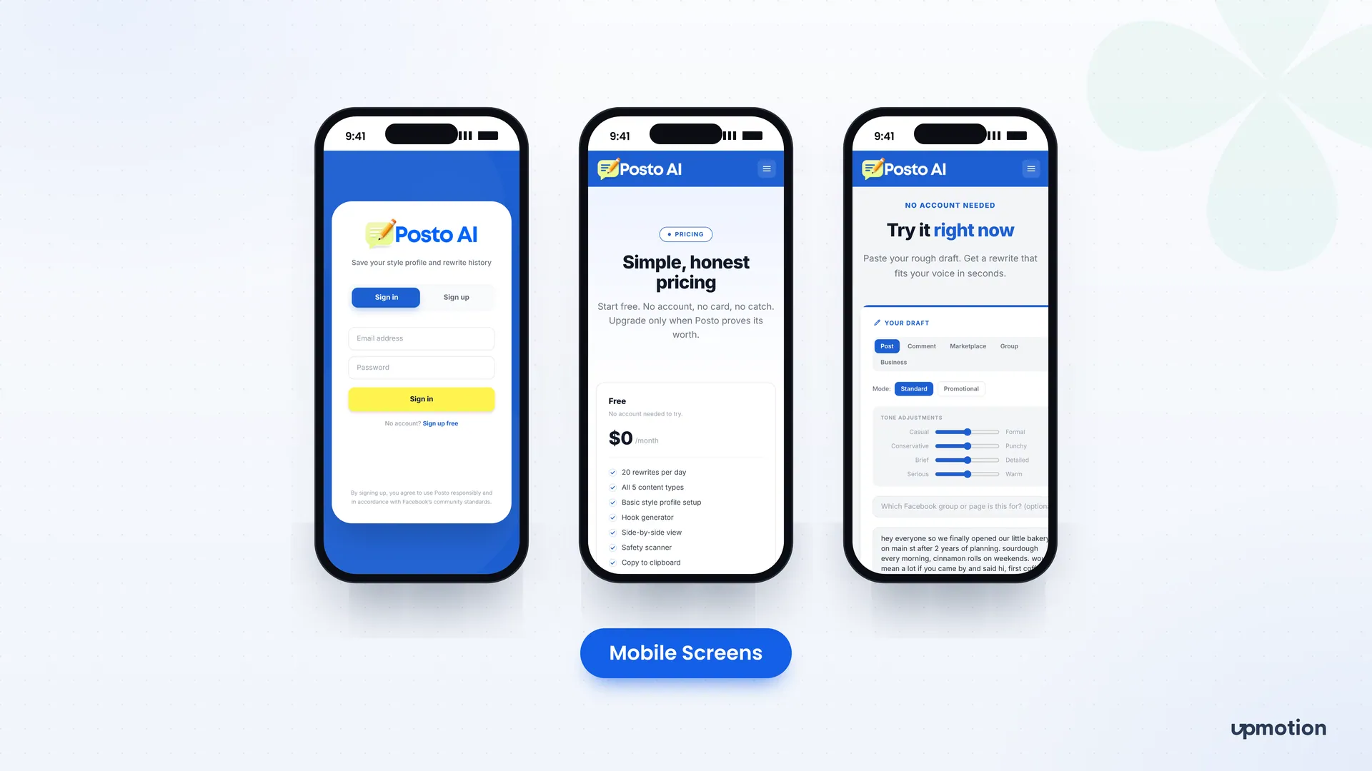 Posto AI mobile sign in, free plan pricing and rewrite draft screens