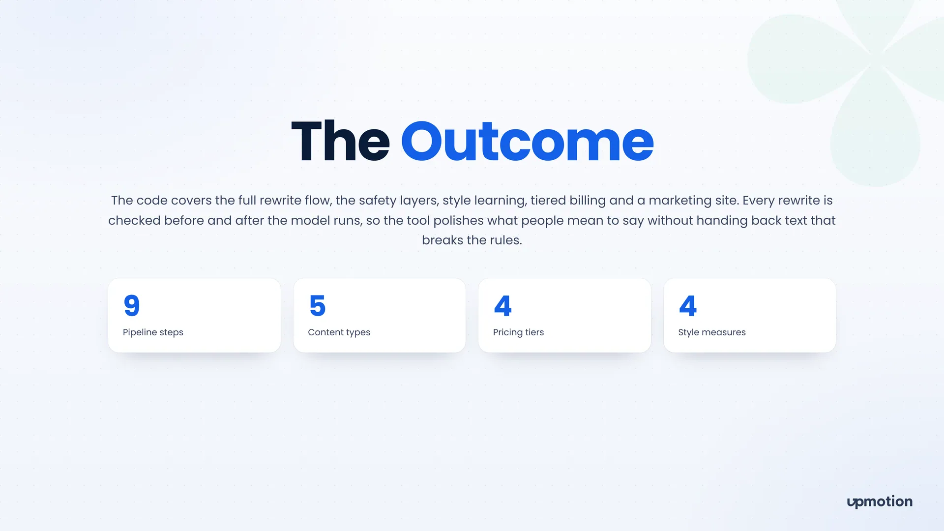 Posto AI outcome slide with nine pipeline steps, five content types and four pricing tiers