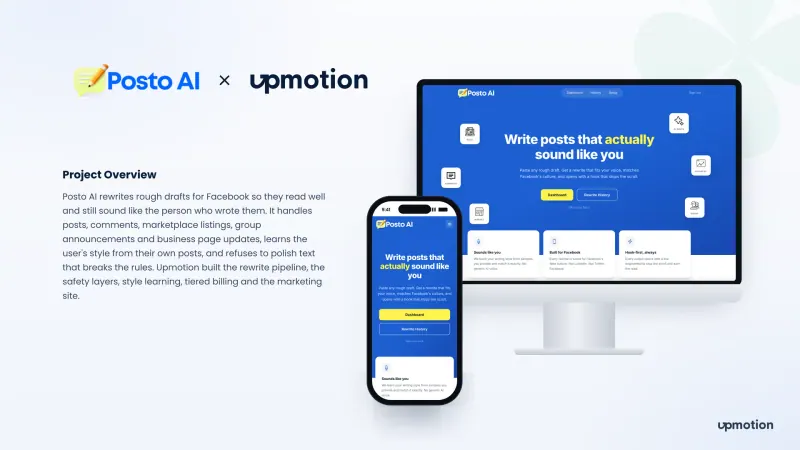Posto AI landing page on desktop and phone with the write posts that sound like you headline