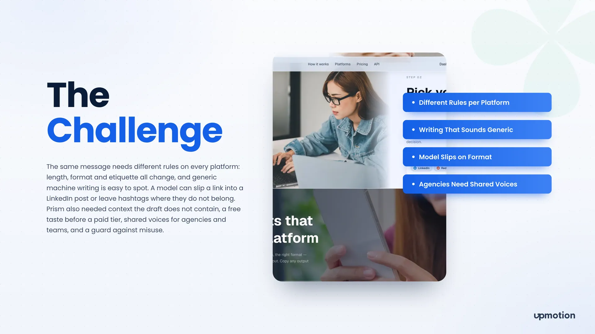 Prism marketing site screens next to the key challenges of multi-platform rewriting